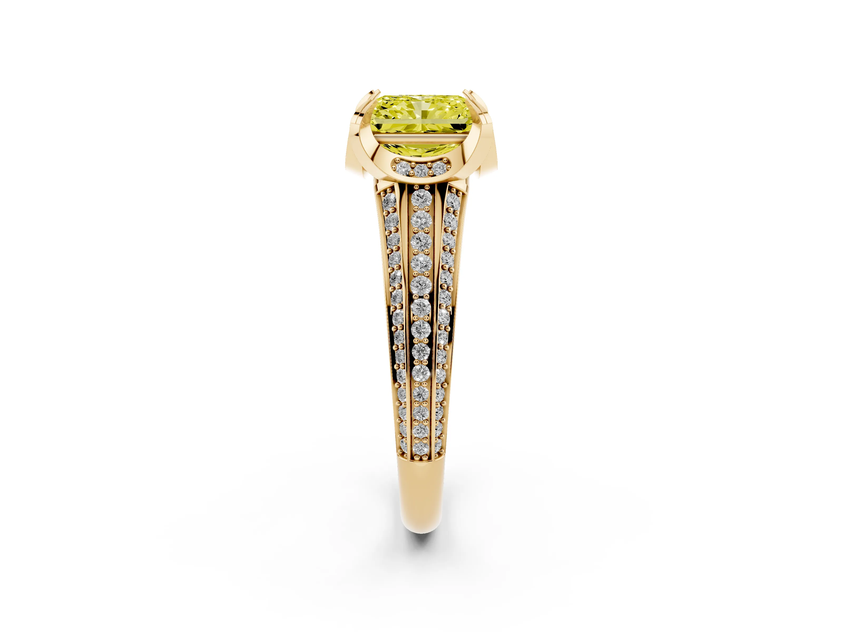Fancy Yellow Radiant Cut Diamond Pavé Split Shank Solitaire Ring Set in Yellow gold with Prong Setting