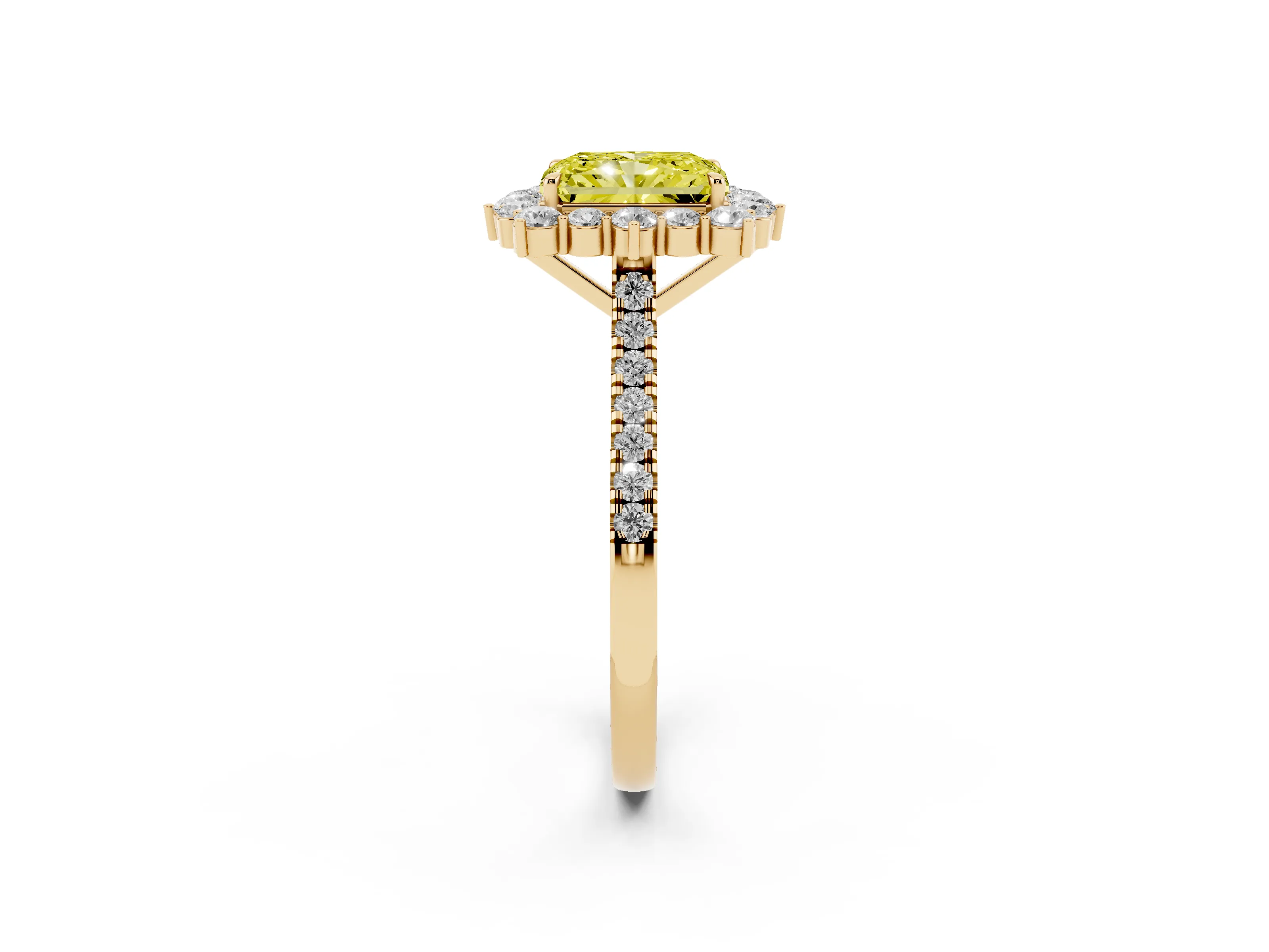 Fancy Yellow Radiant Cut Diamond Halo Ring Set in Yellow gold with Pavé Band and Prong Setting