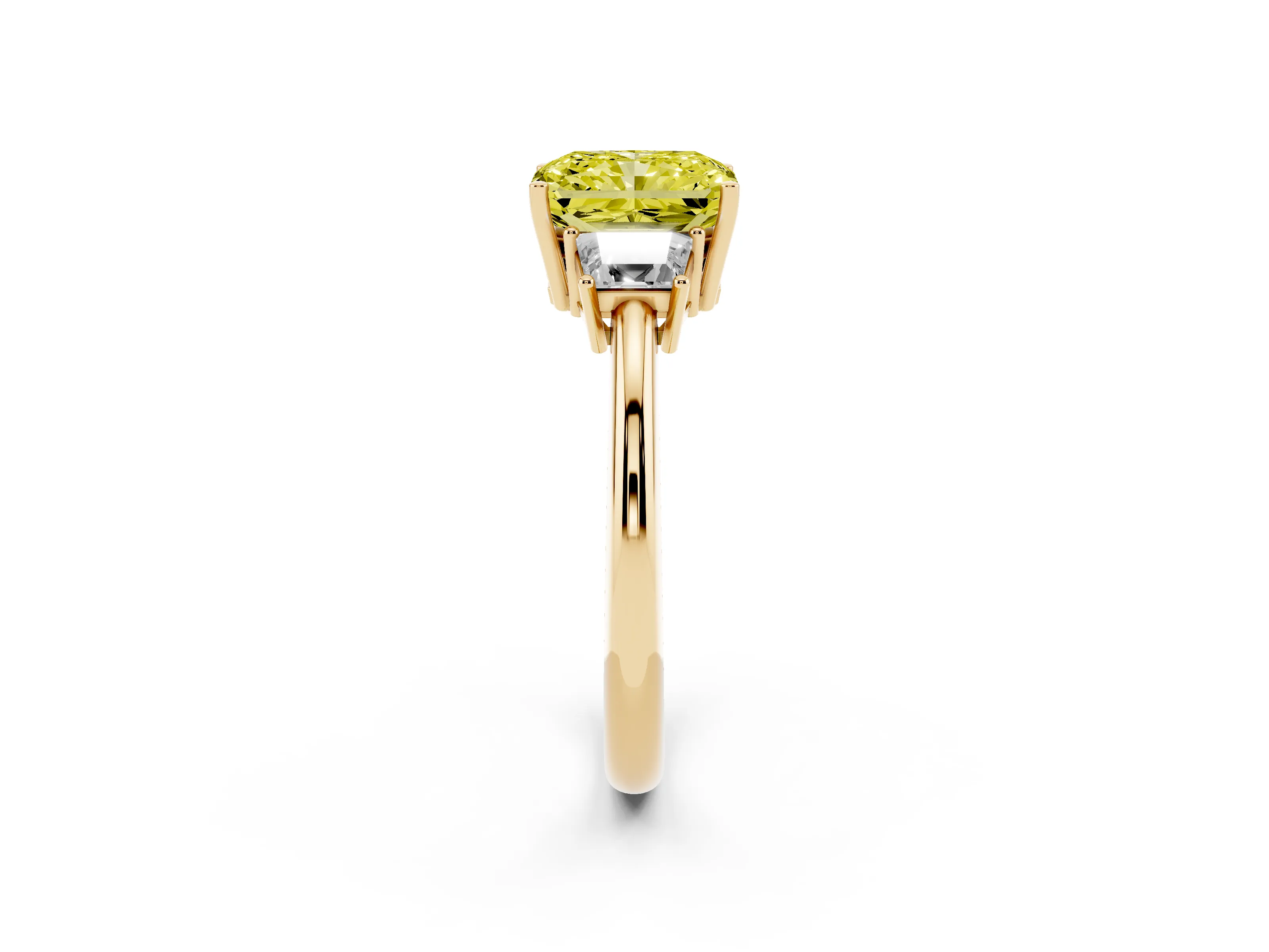 Fancy Yellow Radiant Cut Diamond Three-Stone Ring Set in Yellow gold with Trapezoid Side Stones and Prong Setting