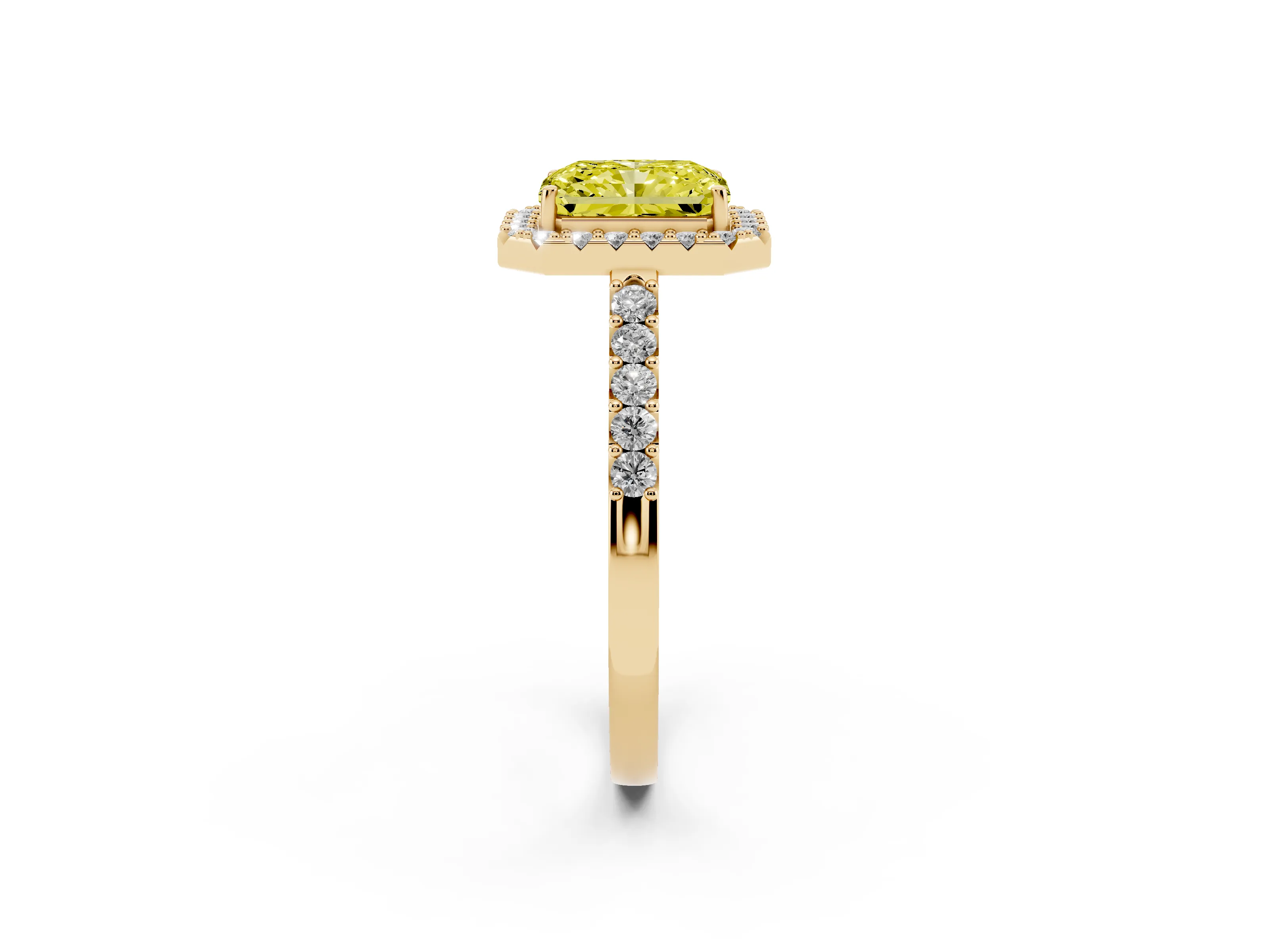 Fancy Yellow Radiant Cut Diamond Halo Pavé Solitaire Ring Set in Yellow gold with Prong-Set Center Stone