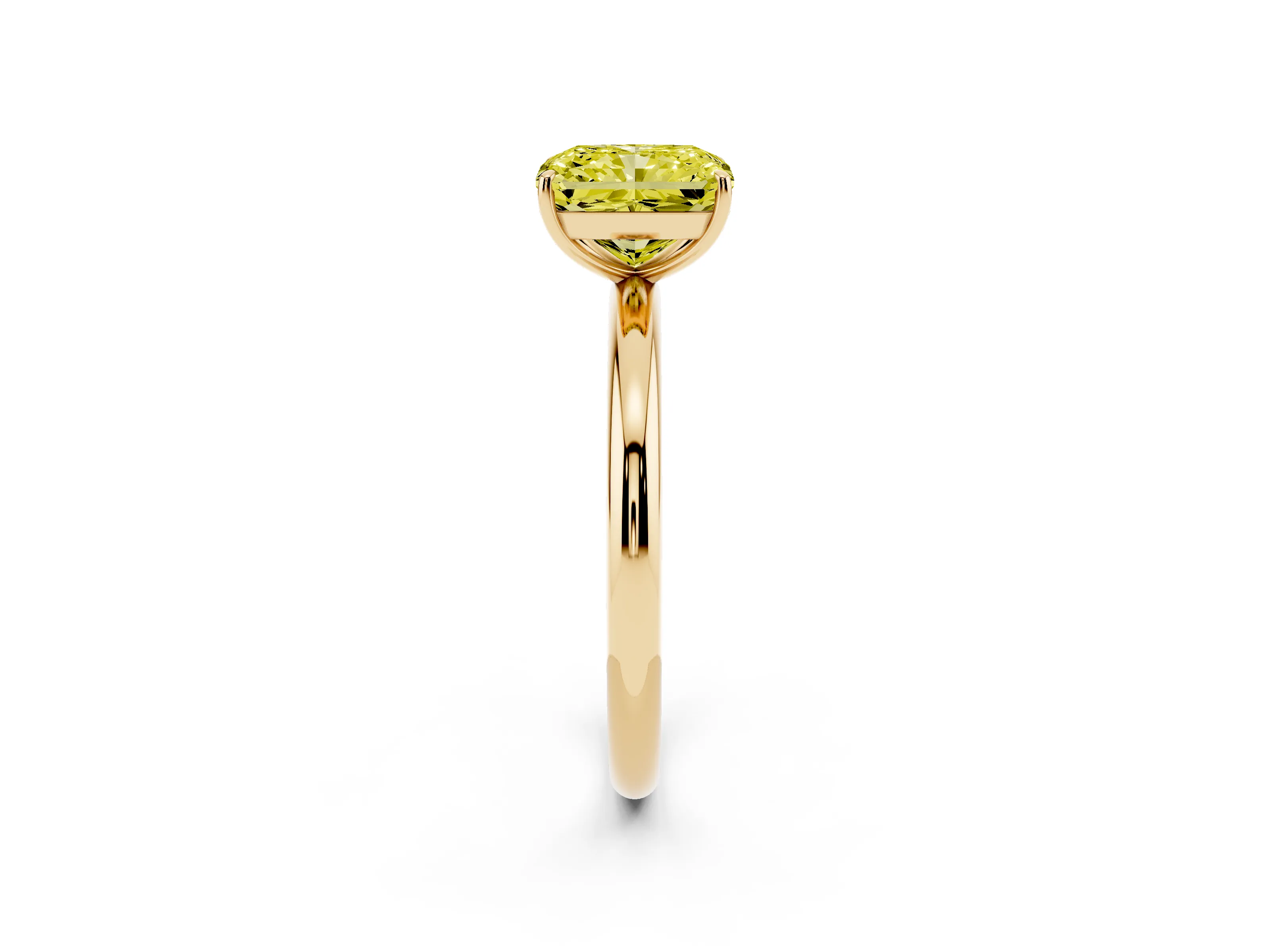 Fancy Yellow Radiant Cut Diamond Solitaire Ring Set in Yellow gold with Prong Setting on a Polished Plain Band