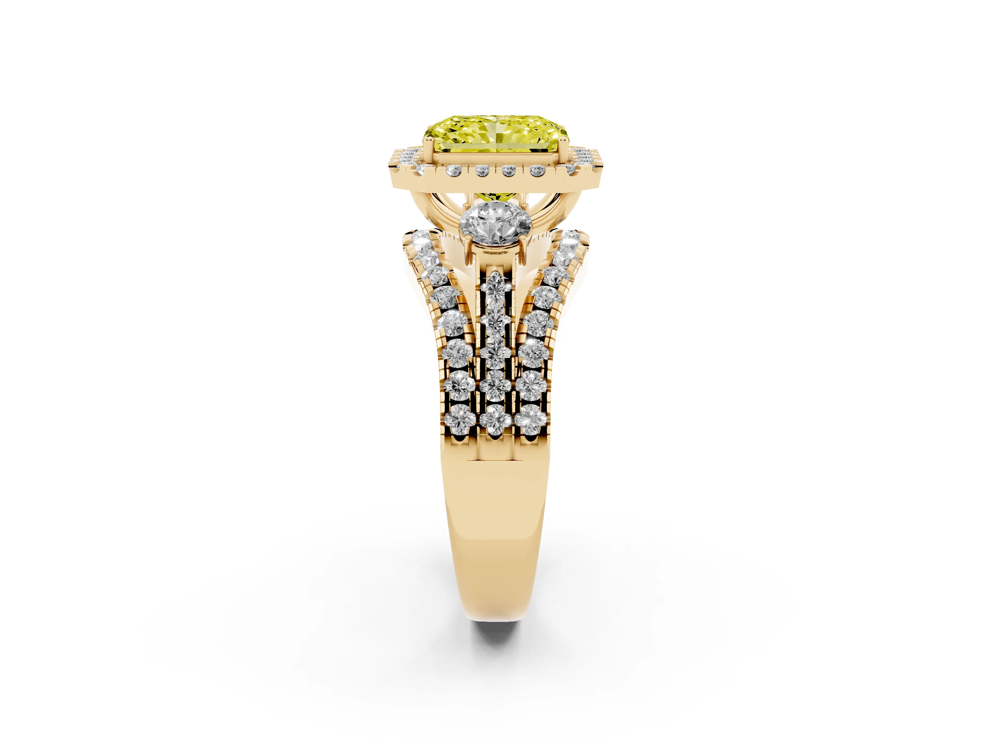 Fancy Yellow Radiant Cut Diamond Halo Split Shank Ring Set in Yellow gold with Round Accent Stones and Prong Setting