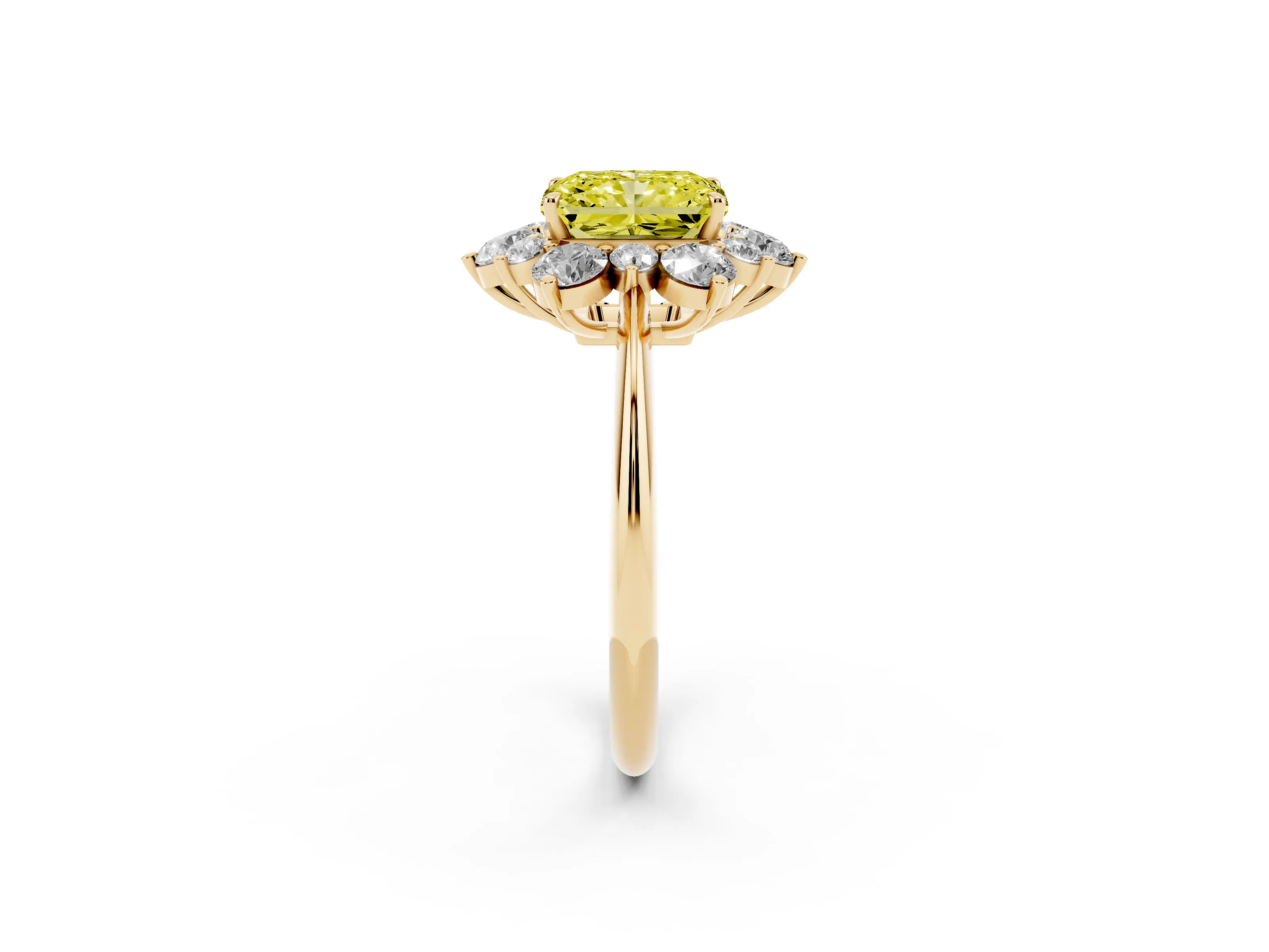 Fancy Yellow Radiant Cut Diamond Cluster Halo Ring Set in Yellow gold with Solitaire Band and Prong Setting