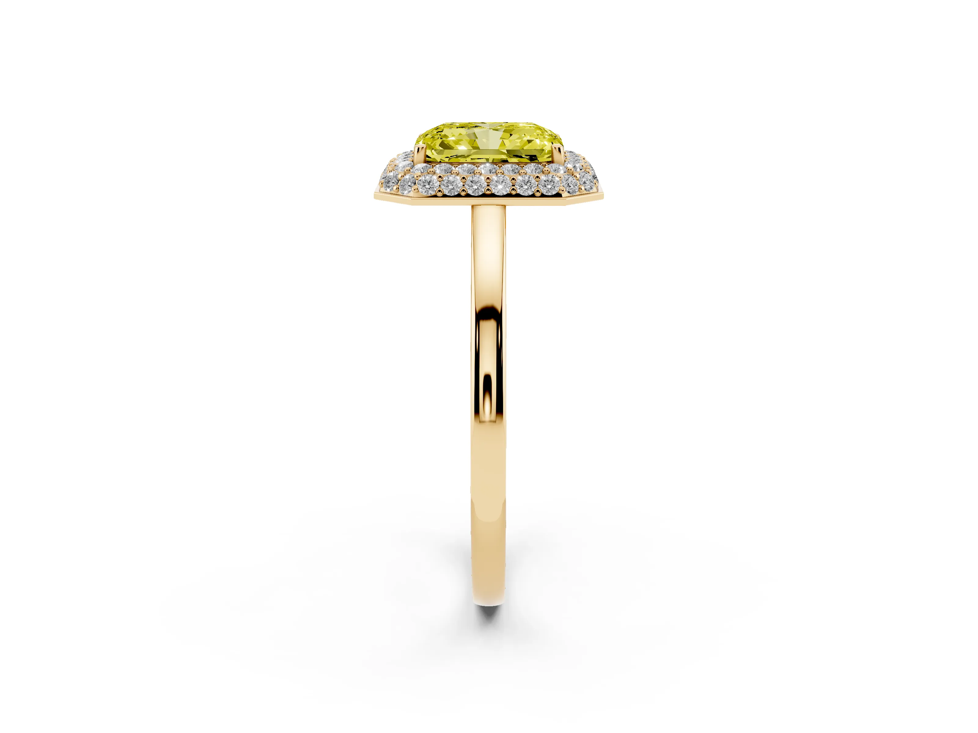Fancy Yellow Radiant Cut Diamond Halo Engagement Ring Set in Yellow gold with Solitaire Band and Prong Setting