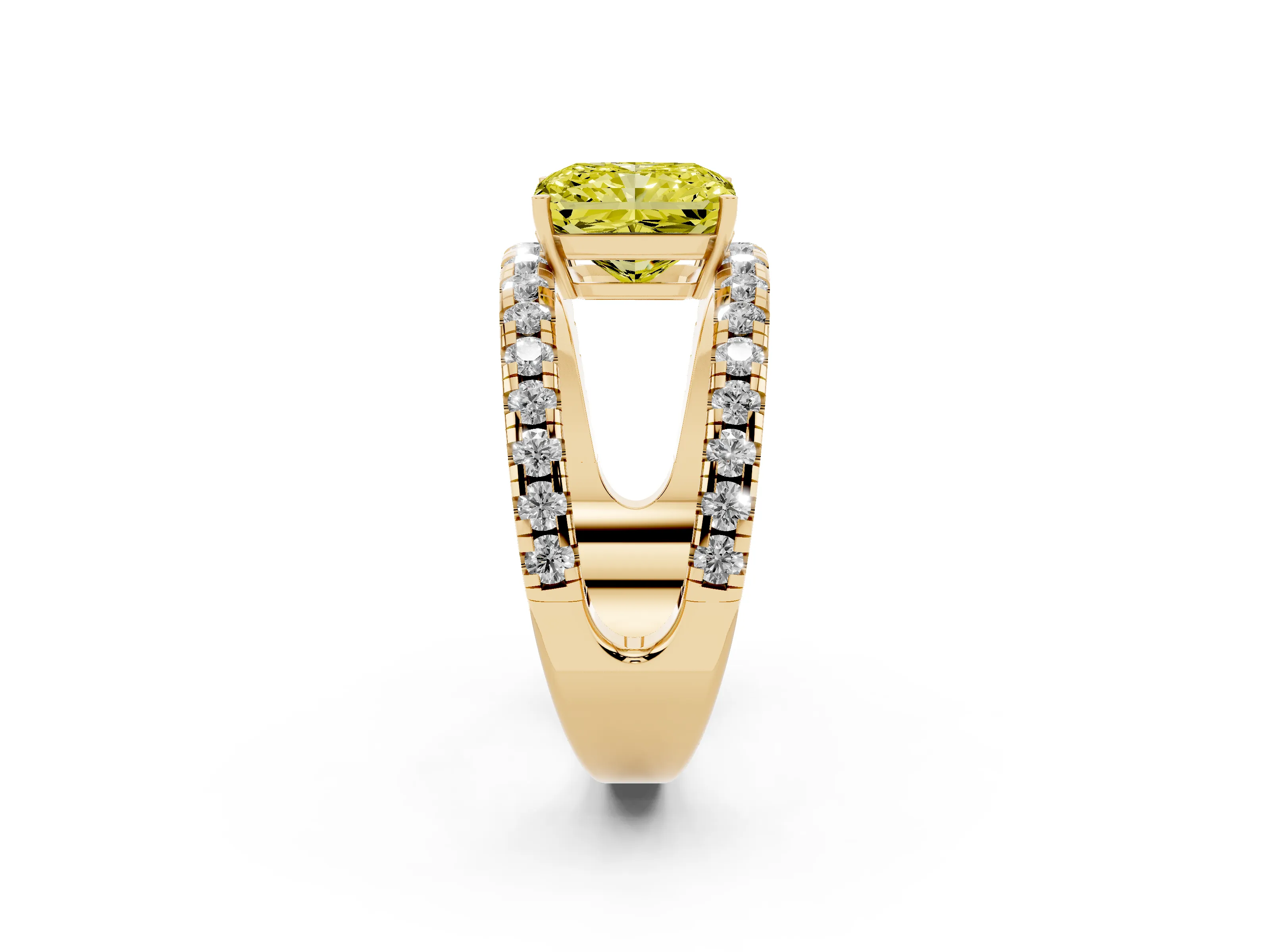 Fancy Yellow Radiant Cut Diamond Split Shank Pavé Solitaire Ring Set in Yellow gold with Open Shank Design