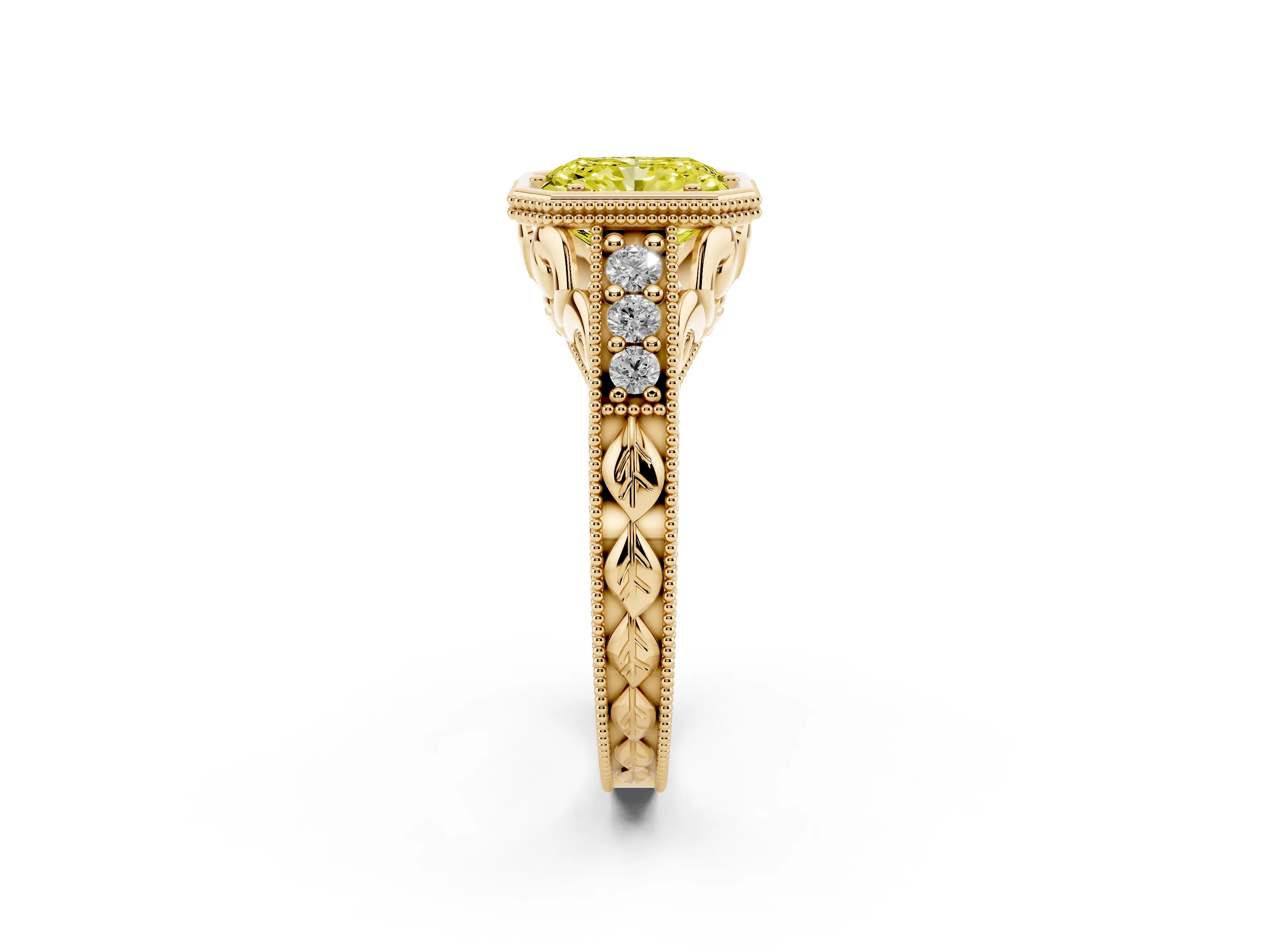 Fancy Yellow Bezel Set Radiant Cut Diamond Milgrain Pavé Engagement Ring Set in Yellow gold