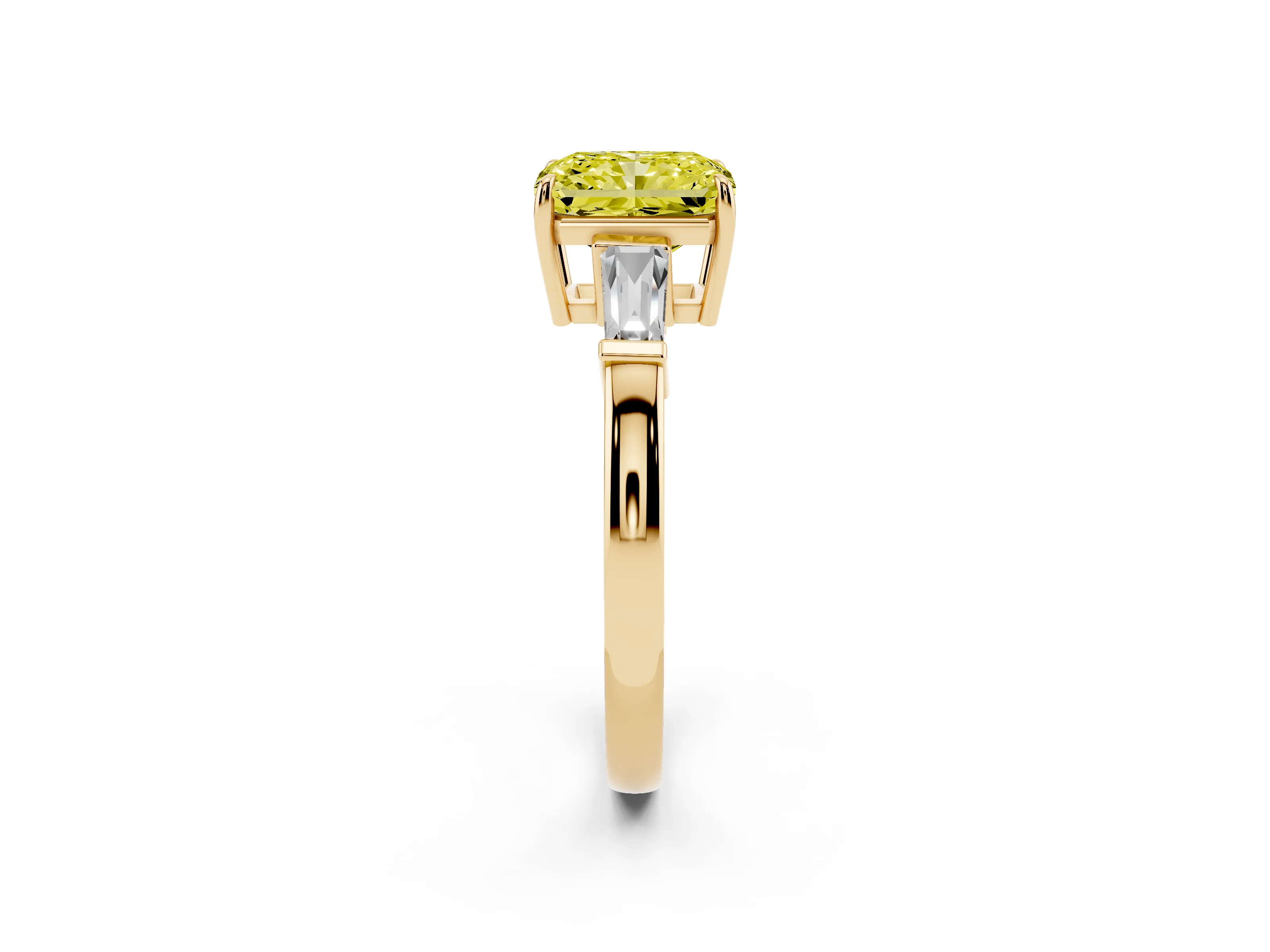 Fancy Yellow Radiant Cut Diamond Three-Stone Ring Set in Yellow gold with Tapered Baguette Side Stones and Prong Setting