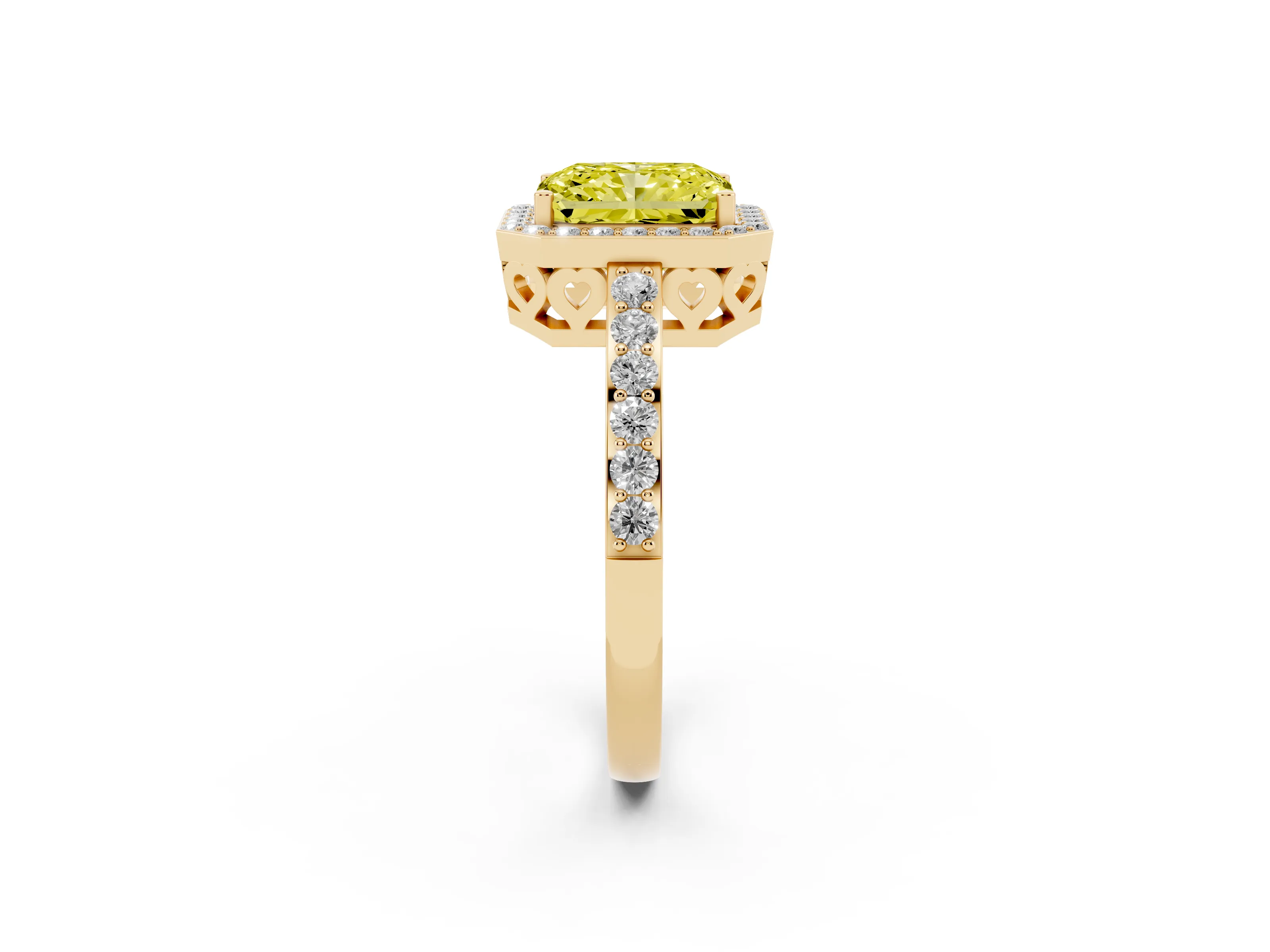 Fancy Yellow Radiant Cut Diamond Halo Ring Set in Yellow gold with Pavé-Setting Band and Open Prong Center