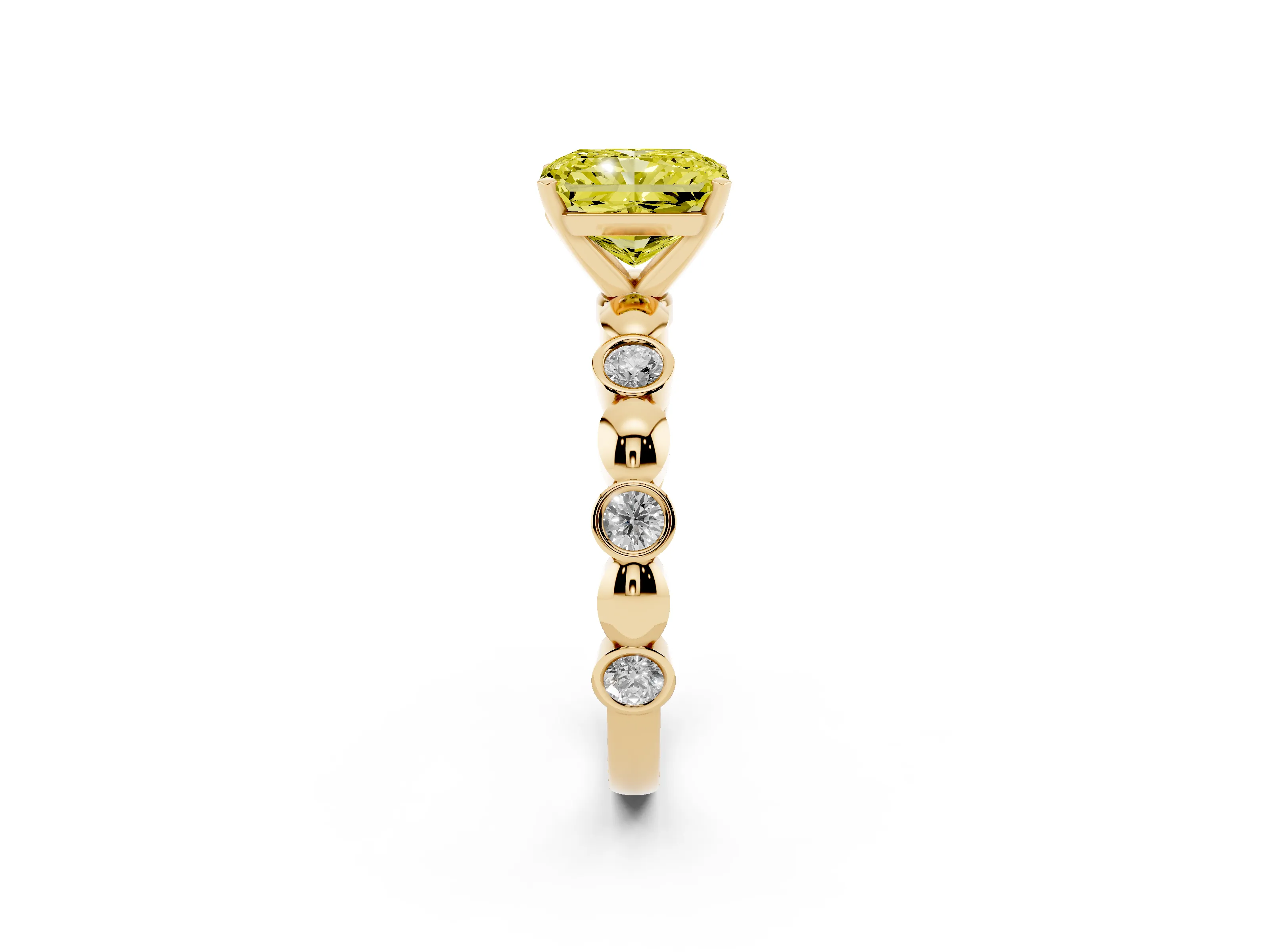 Fancy Yellow Radiant Cut Diamond Solitaire Ring Set in Yellow gold with Bezel-Set Accents on Beaded Band and Prong Setting