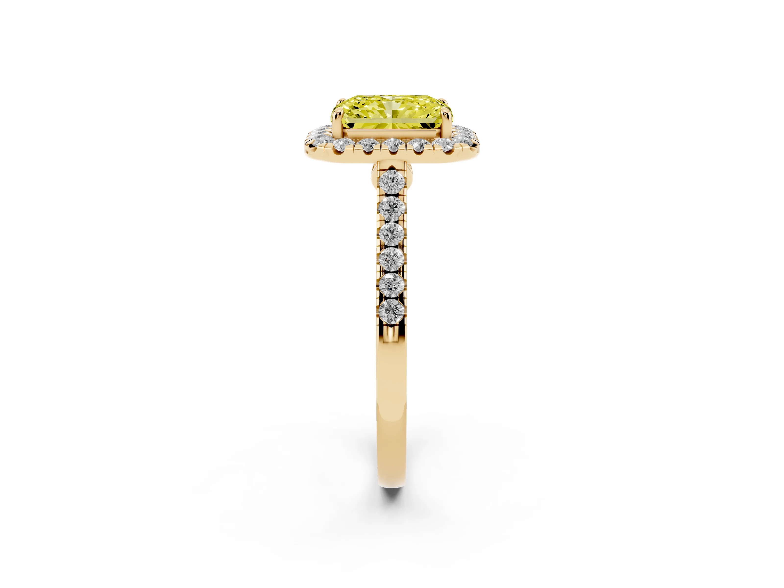 Fancy Yellow Radiant Cut Diamond Halo Pavé Engagement Ring Set in Yellow gold with Prong Setting