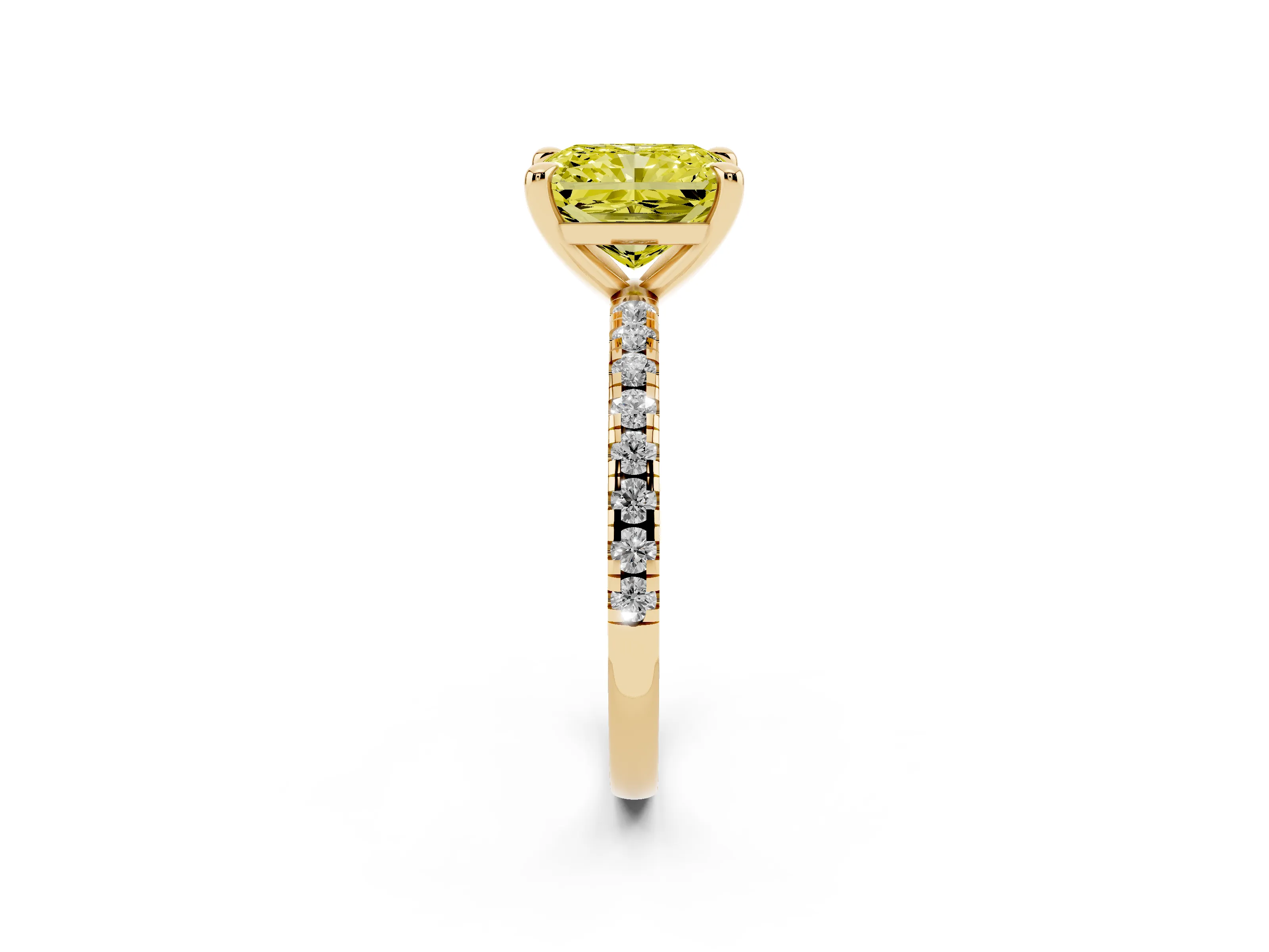 Fancy Yellow Radiant Cut Diamond Brilliant Solitaire Ring Set in Yellow gold with Pavé Band and Prong Setting