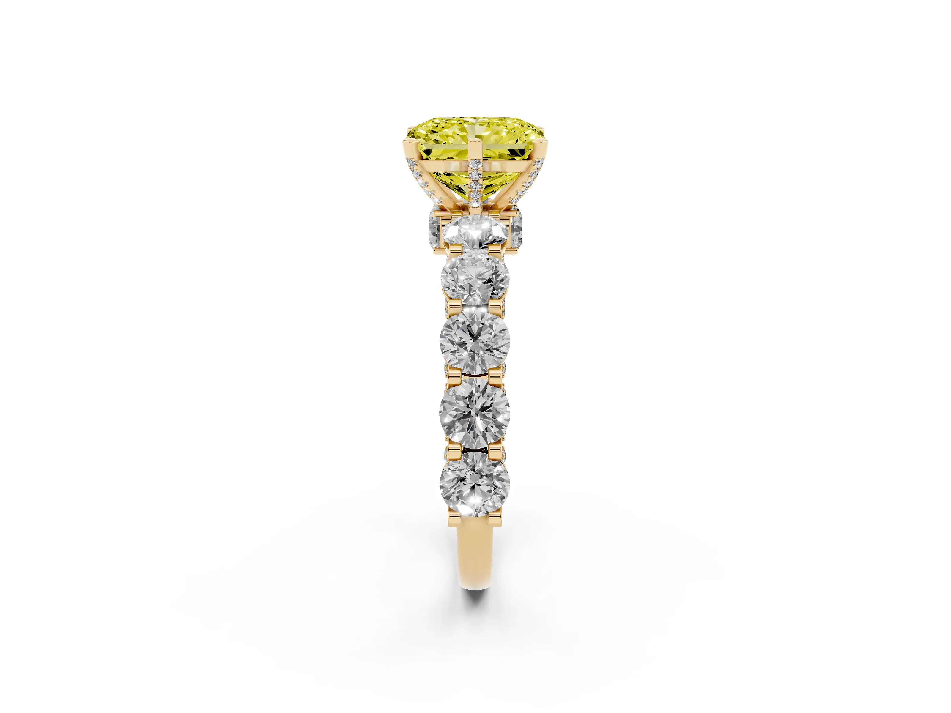Fancy Yellow Radiant Cut Diamond Side Stone Ring Set in Yellow gold with Alternating Round and Oval Side Stones