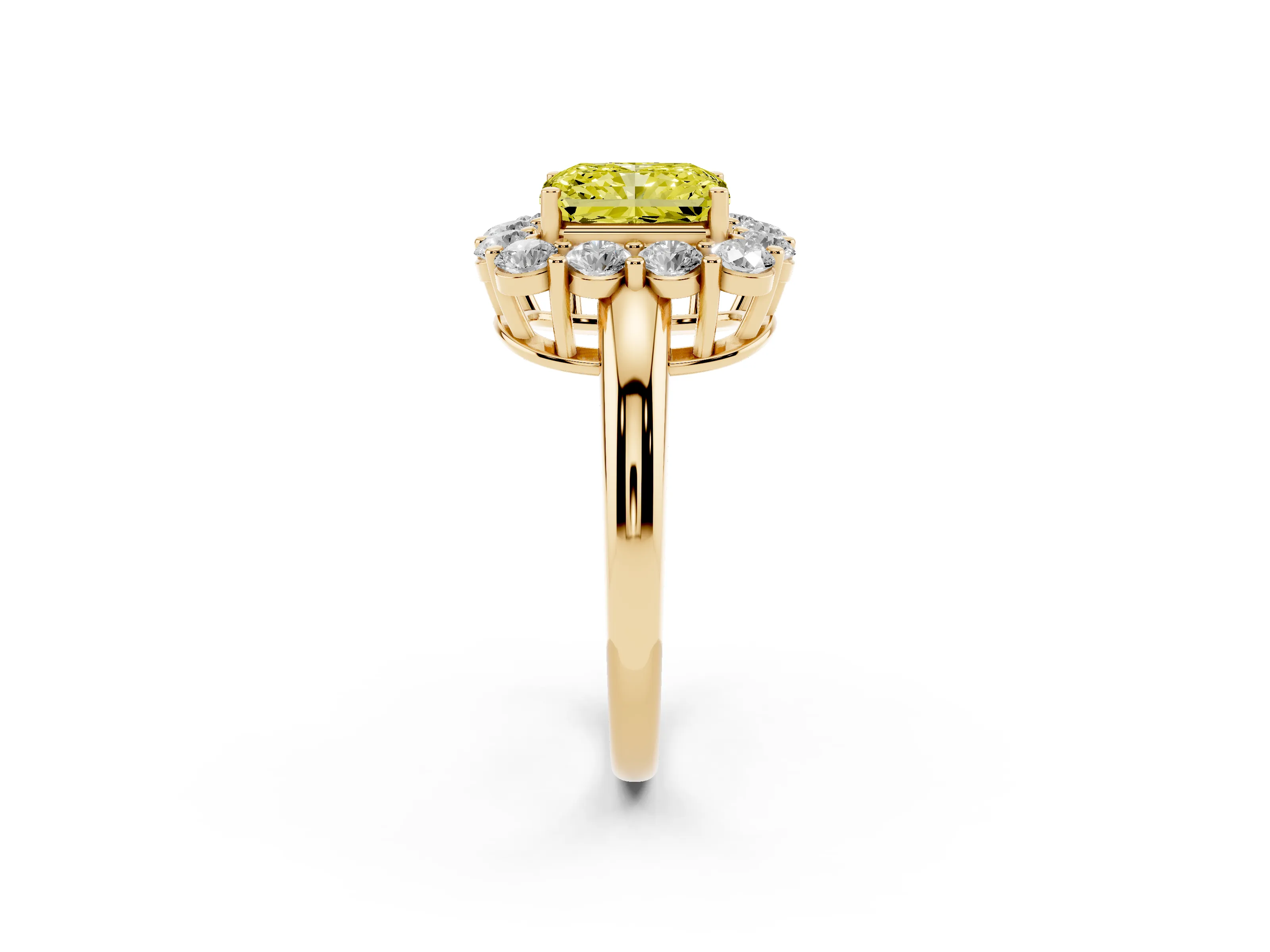 Fancy Yellow Radiant Cut Diamond Halo Cluster Engagement Ring Set in Yellow gold with Polished Band and Prong Setting