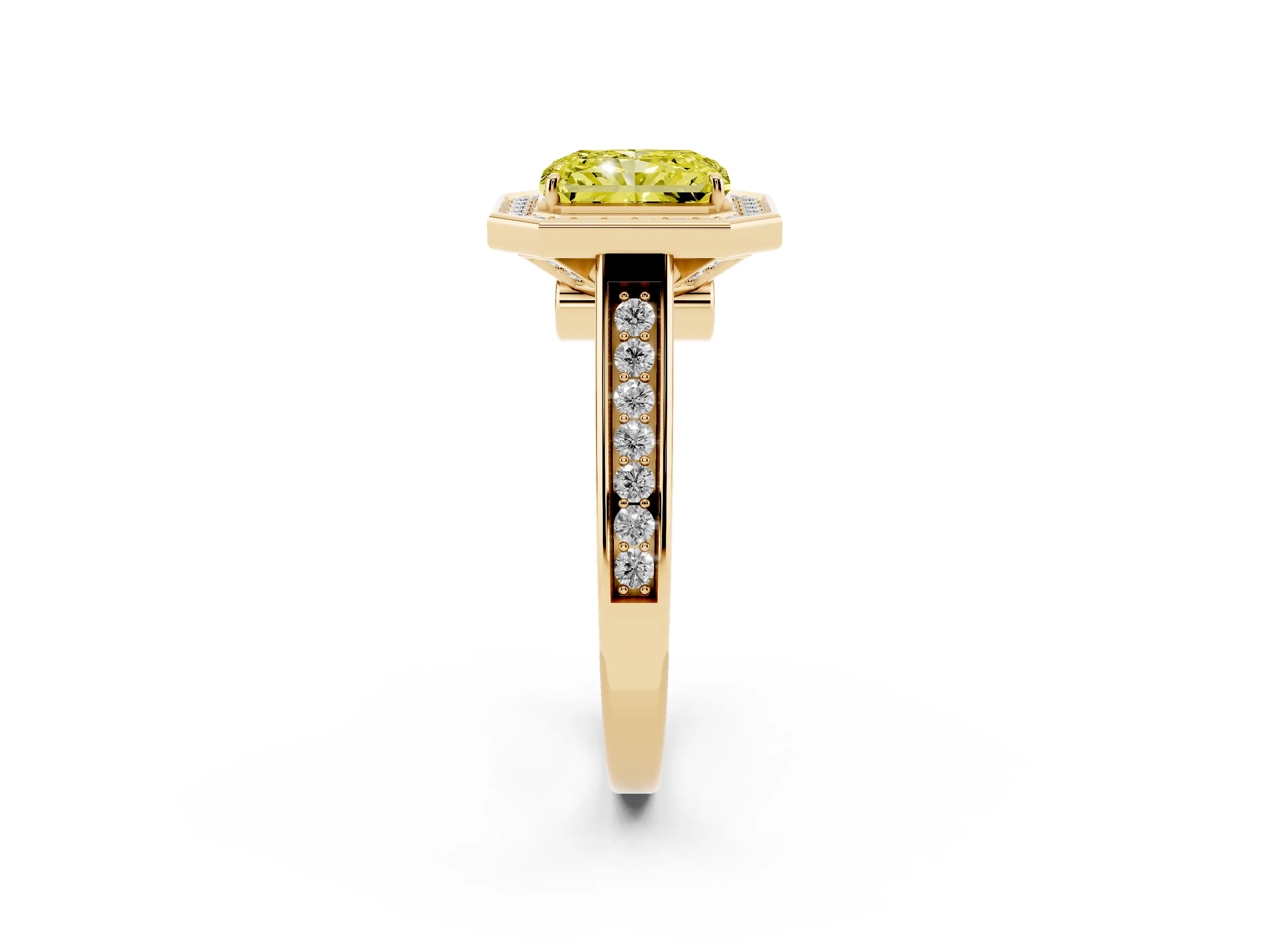 Fancy Yellow Radiant Cut Diamond Halo Solitaire Ring Set in Yellow gold with Pavé Band and Bezel Setting