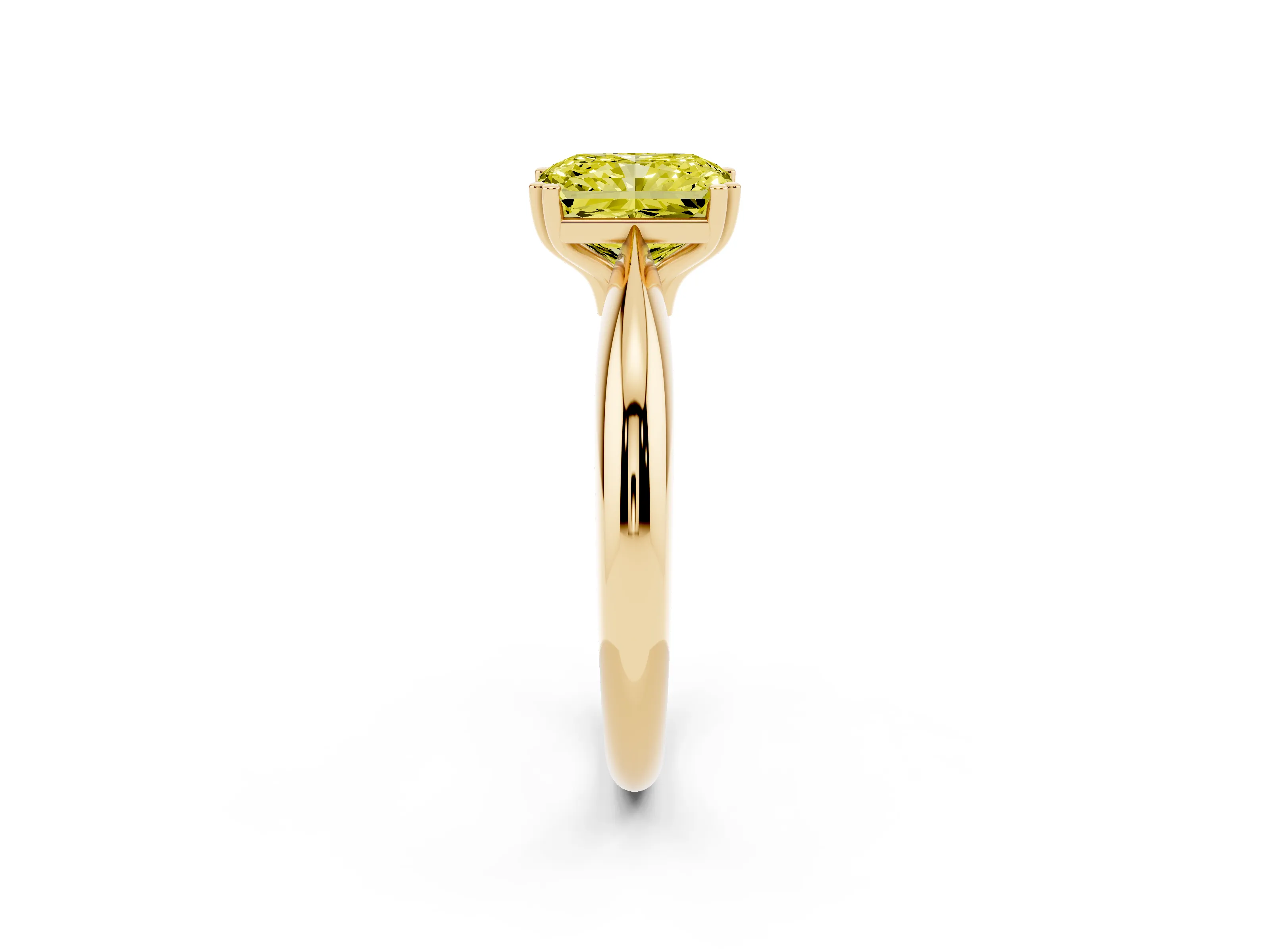 Fancy Yellow Radiant Cut Diamond Solitaire Engagement Ring Set in Yellow gold with Tapered Band and Prong Setting