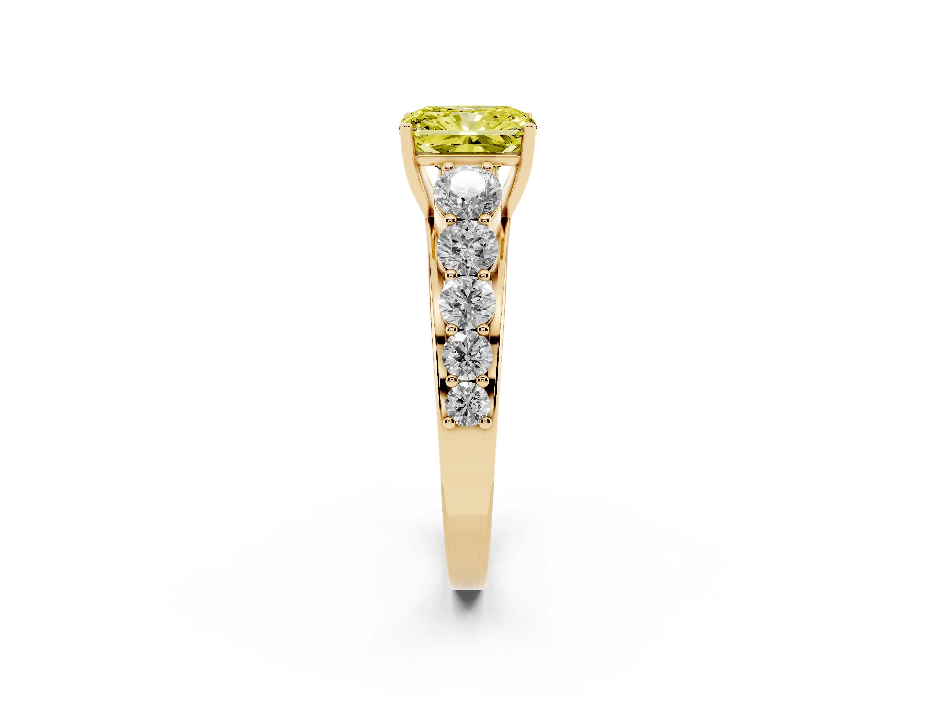 Fancy Yellow Radiant Cut Diamond Solitaire Ring Set in Yellow gold with Pavé-Set Band and Prong Setting