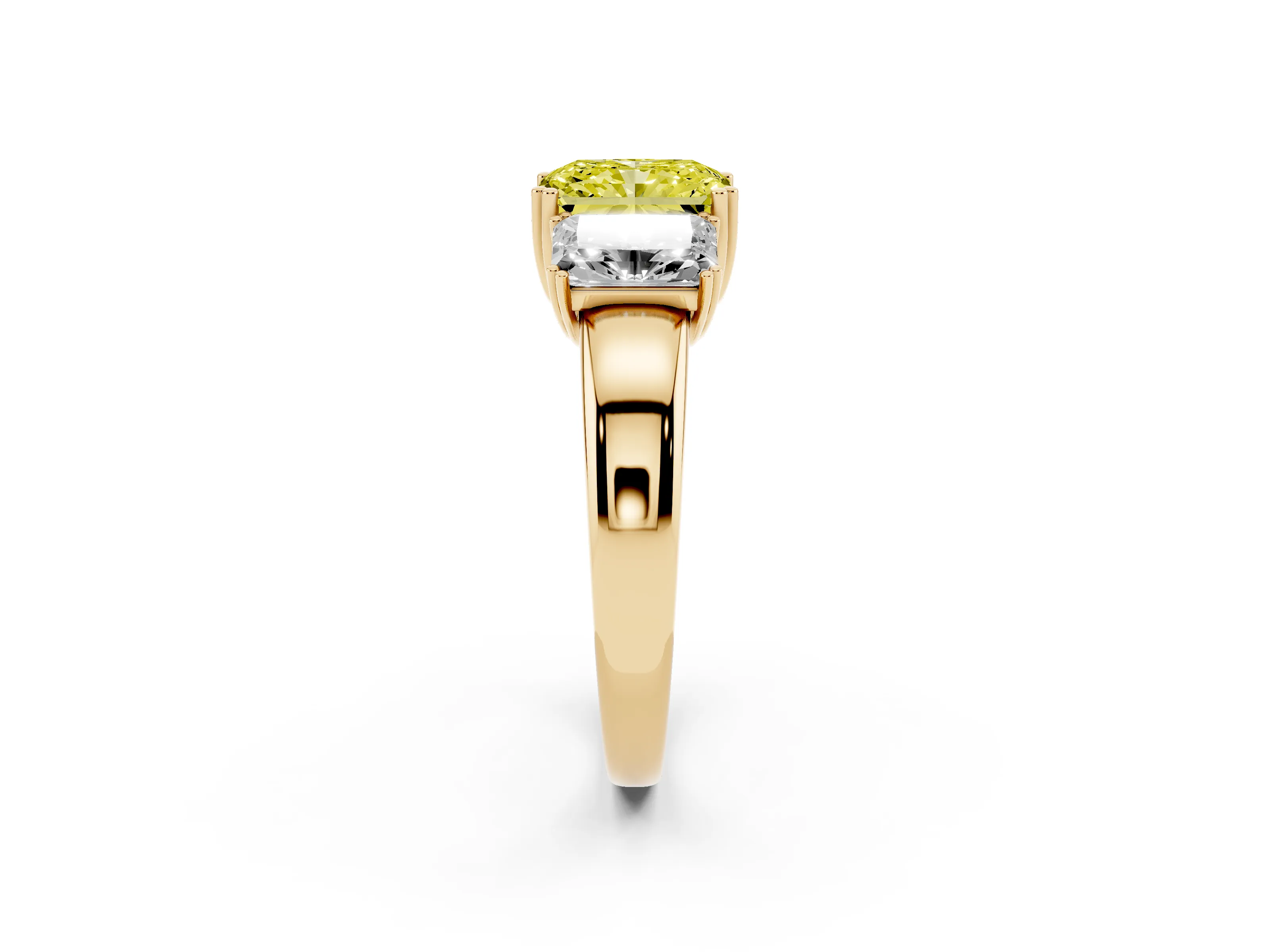 Fancy Yellow Radiant Cut Diamond Three-Stone Ring Set in Yellow gold with Polished Channel-Set Band