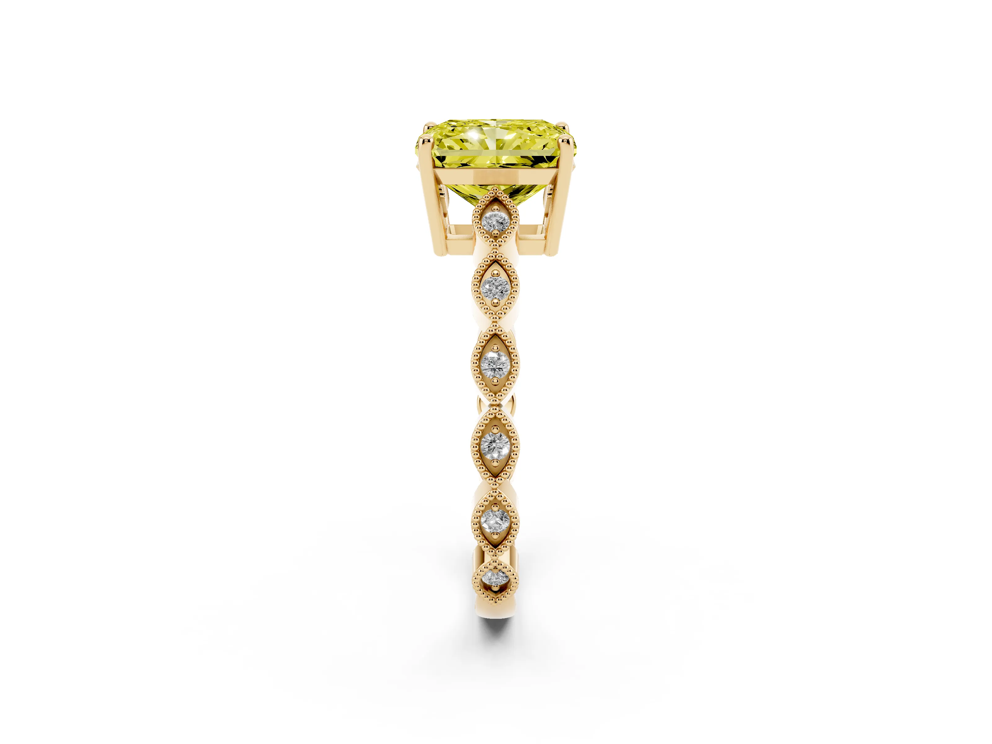 Fancy Yellow Radiant Cut Diamond Solitaire Ring Set in Yellow gold with Infinity Twist Pavé Band