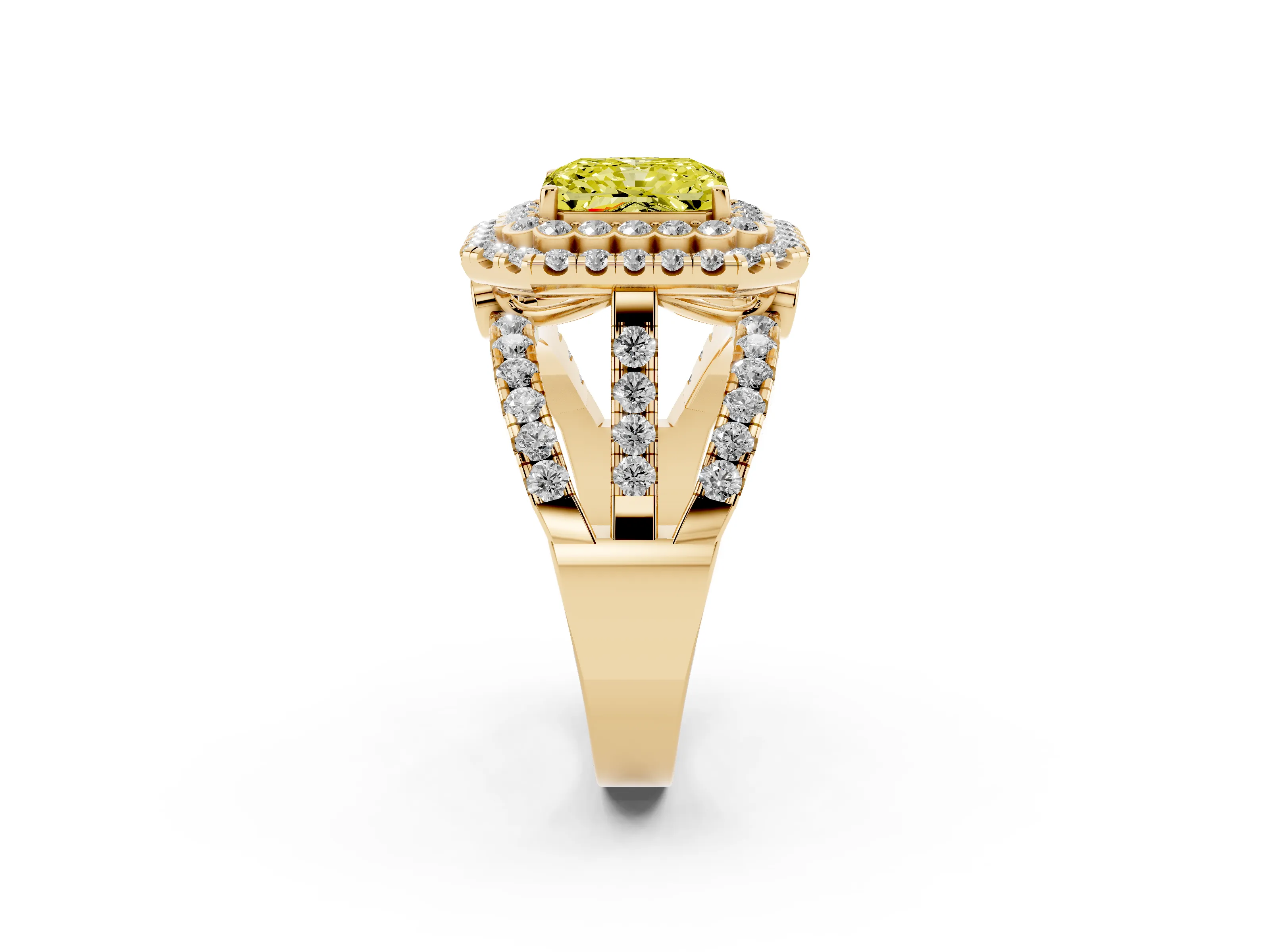 Fancy Yellow Radiant Cut Diamond Double Halo Ring Set in Yellow gold with Round Pavé Split Shank