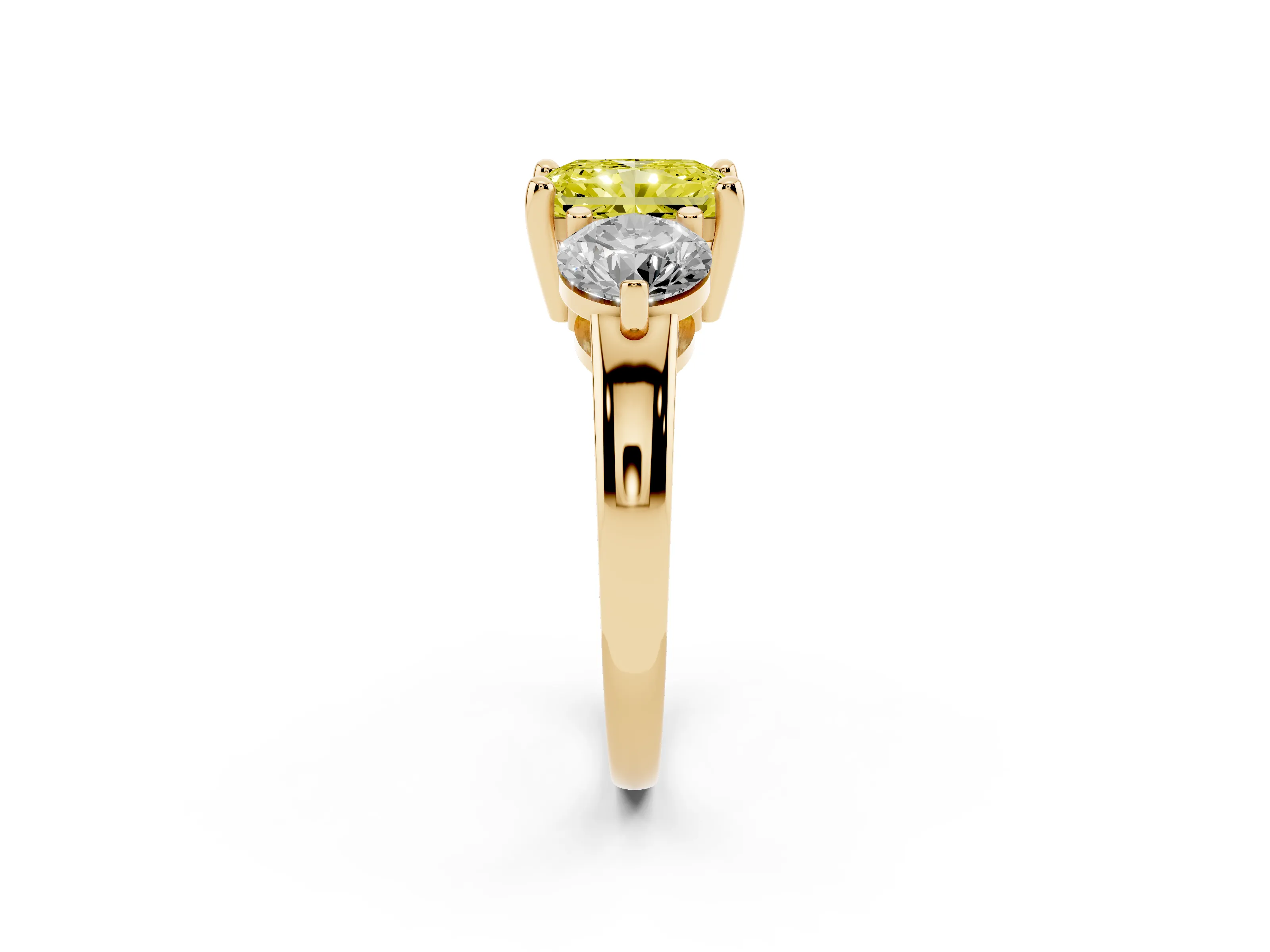 Fancy Yellow Radiant Cut Diamond Three-Stone Ring Set in Yellow gold with Prong Setting and Classic Band
