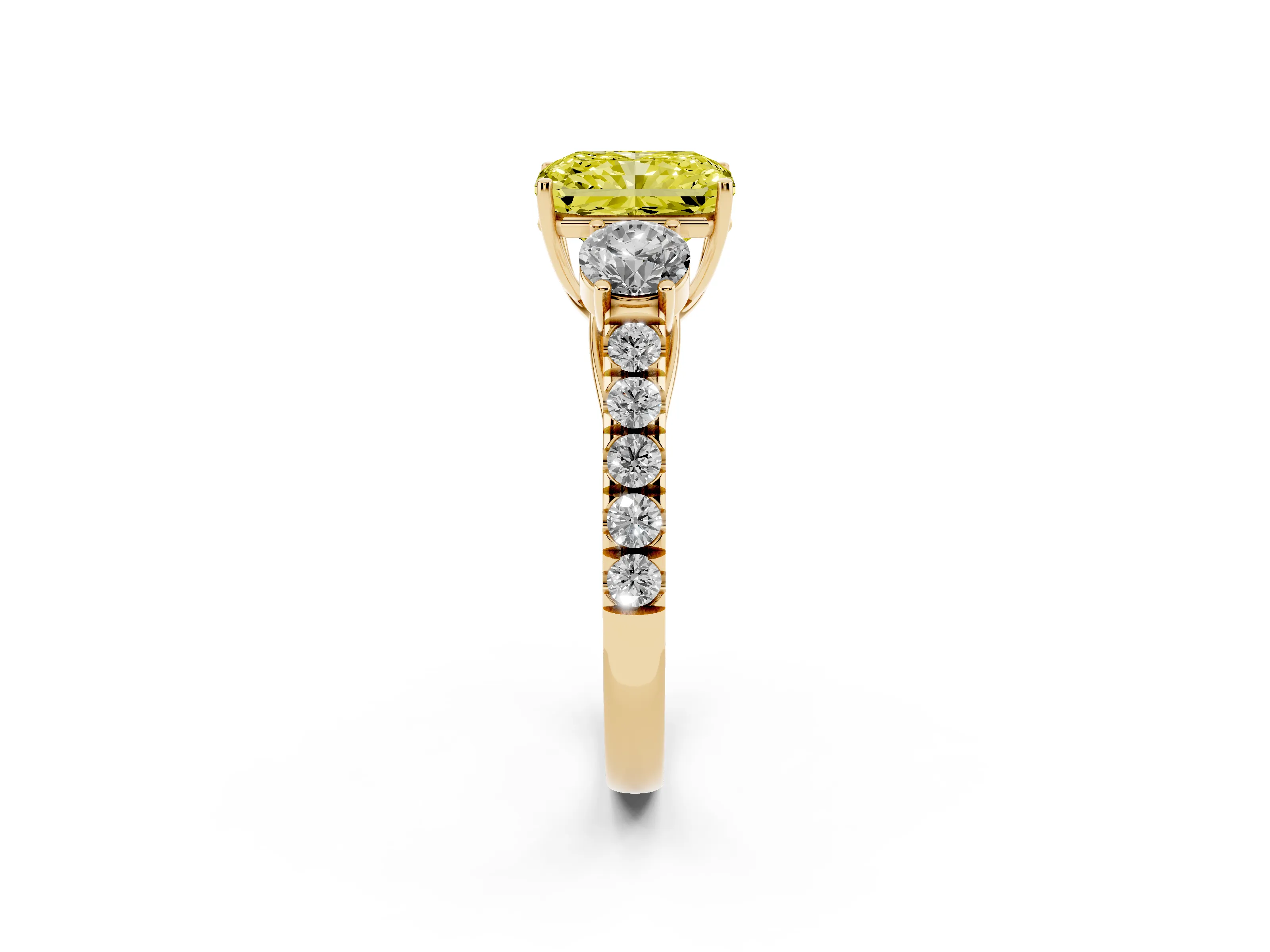 Fancy Yellow Radiant Cut Diamond Three-Stone Ring Set in Yellow gold with Round Side Stones and Delicate Pavé Band