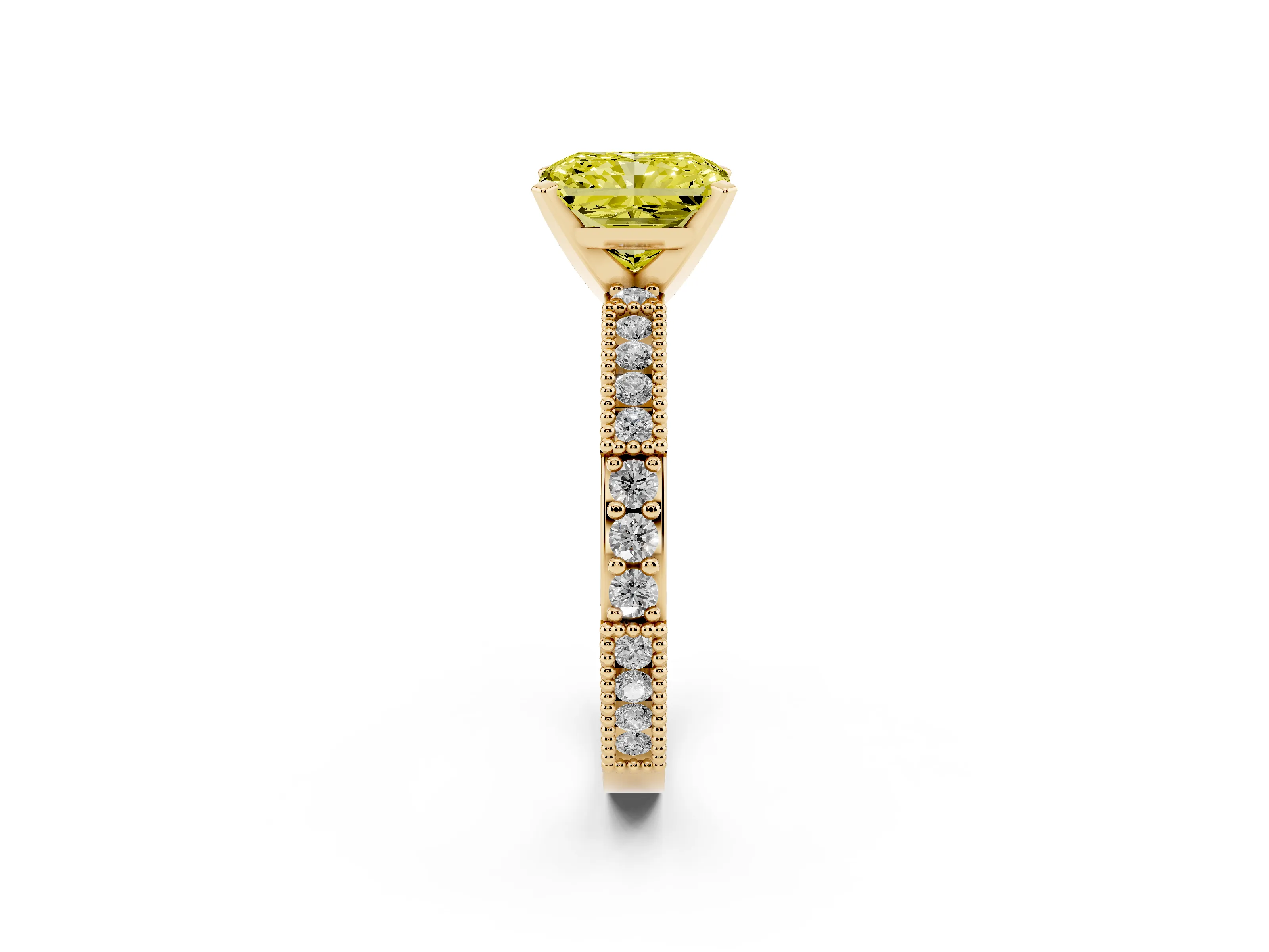 Fancy Yellow Radiant Cut Diamond Solitaire Ring Set in Yellow gold with Slim Pavé Band and Prong Setting