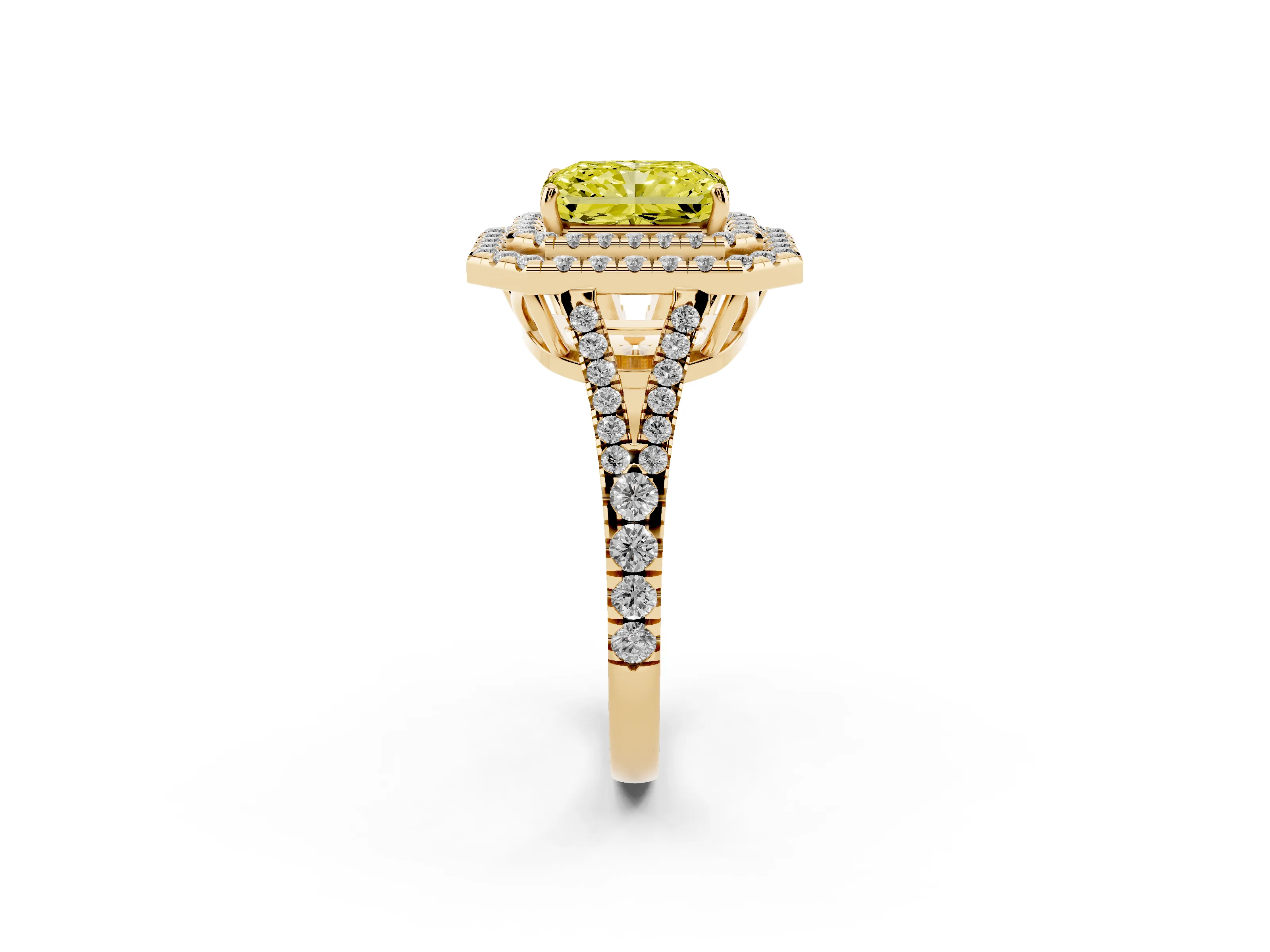 Fancy Yellow Radiant Cut Diamond Double Halo Ring Set in Yellow gold with Pavé Band