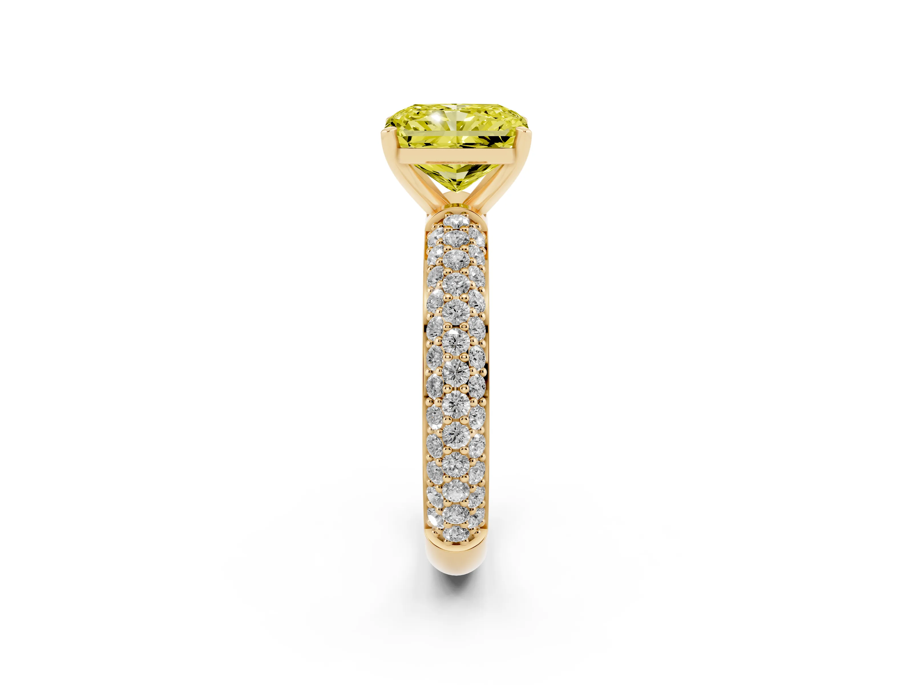 Fancy Yellow Radiant Cut Diamond Solitaire Ring Set in Yellow gold with Prong Setting and Pavé-Set Band