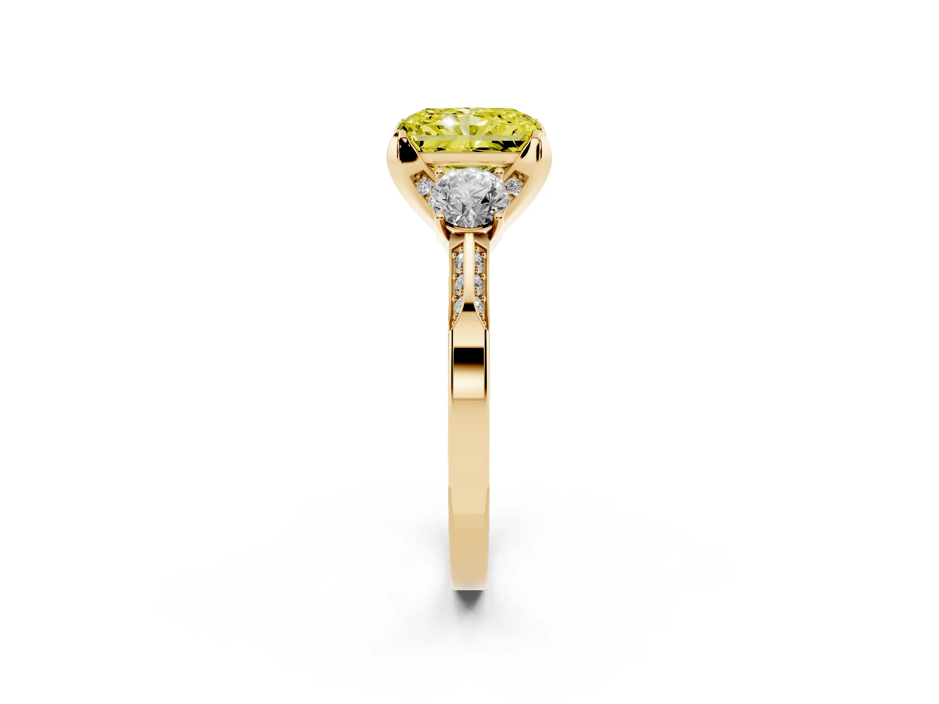 Fancy Yellow Radiant Cut Diamond Three-Stone Ring Set in Yellow gold with Pavé Band and Smaller Side Stones