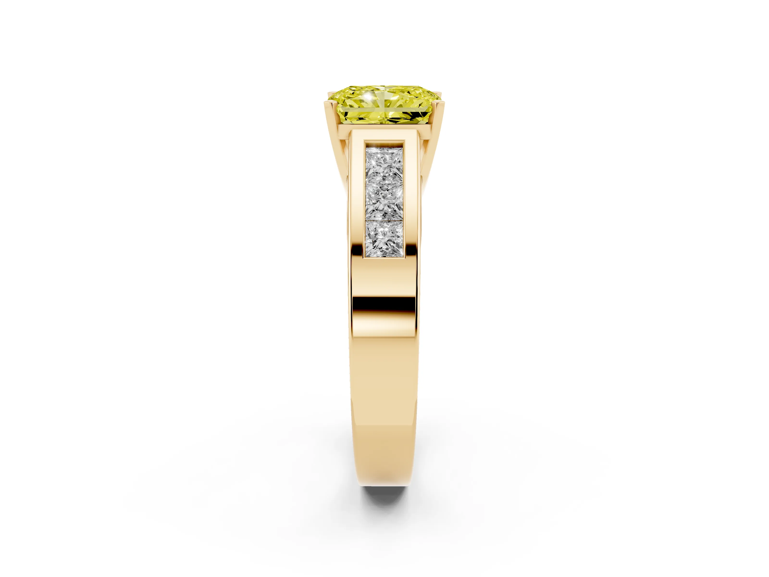 Fancy Yellow Radiant Cut Diamond Solitaire Ring Set in Yellow gold with Channel-Set Accent Stones and Prong Setting