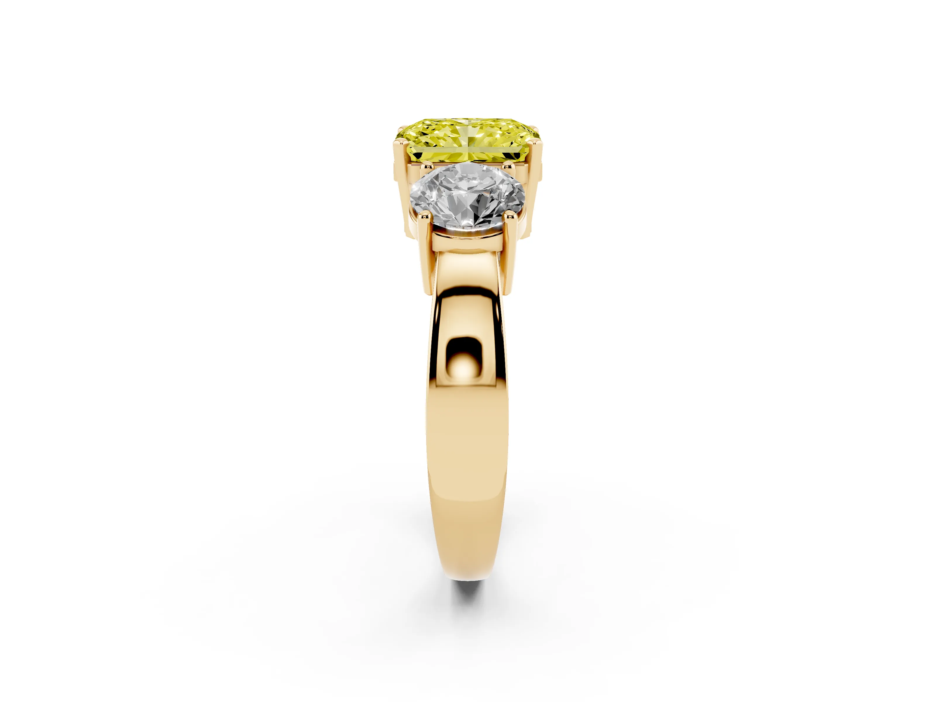 Fancy Yellow Radiant Cut Diamond Three-Stone Ring Set in Yellow gold with Round Side Stones and Classic Band