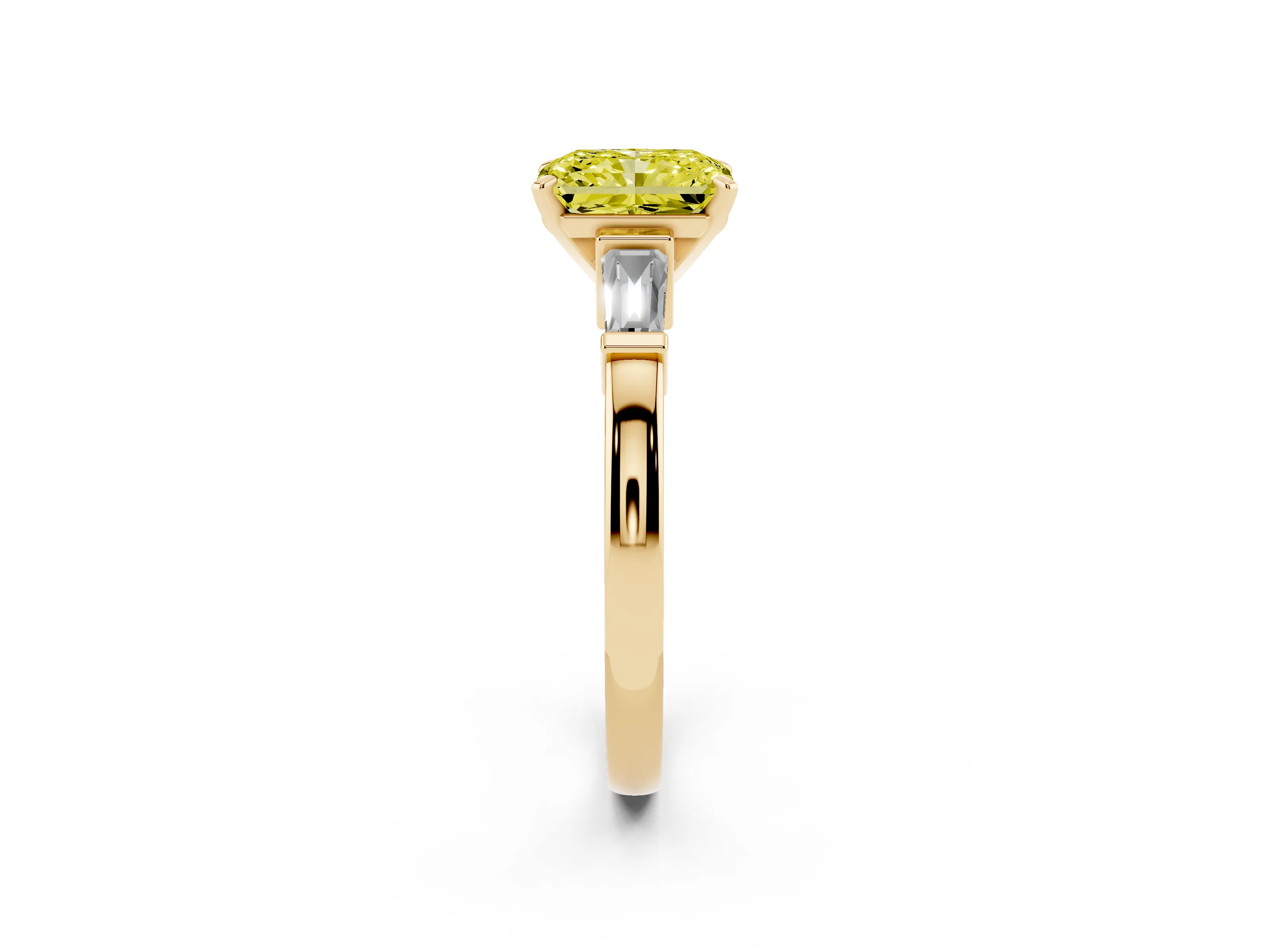 Fancy Yellow Radiant Cut Diamond Solitaire Ring Set in Yellow gold with Tapered Baguette Accents and Prong Setting