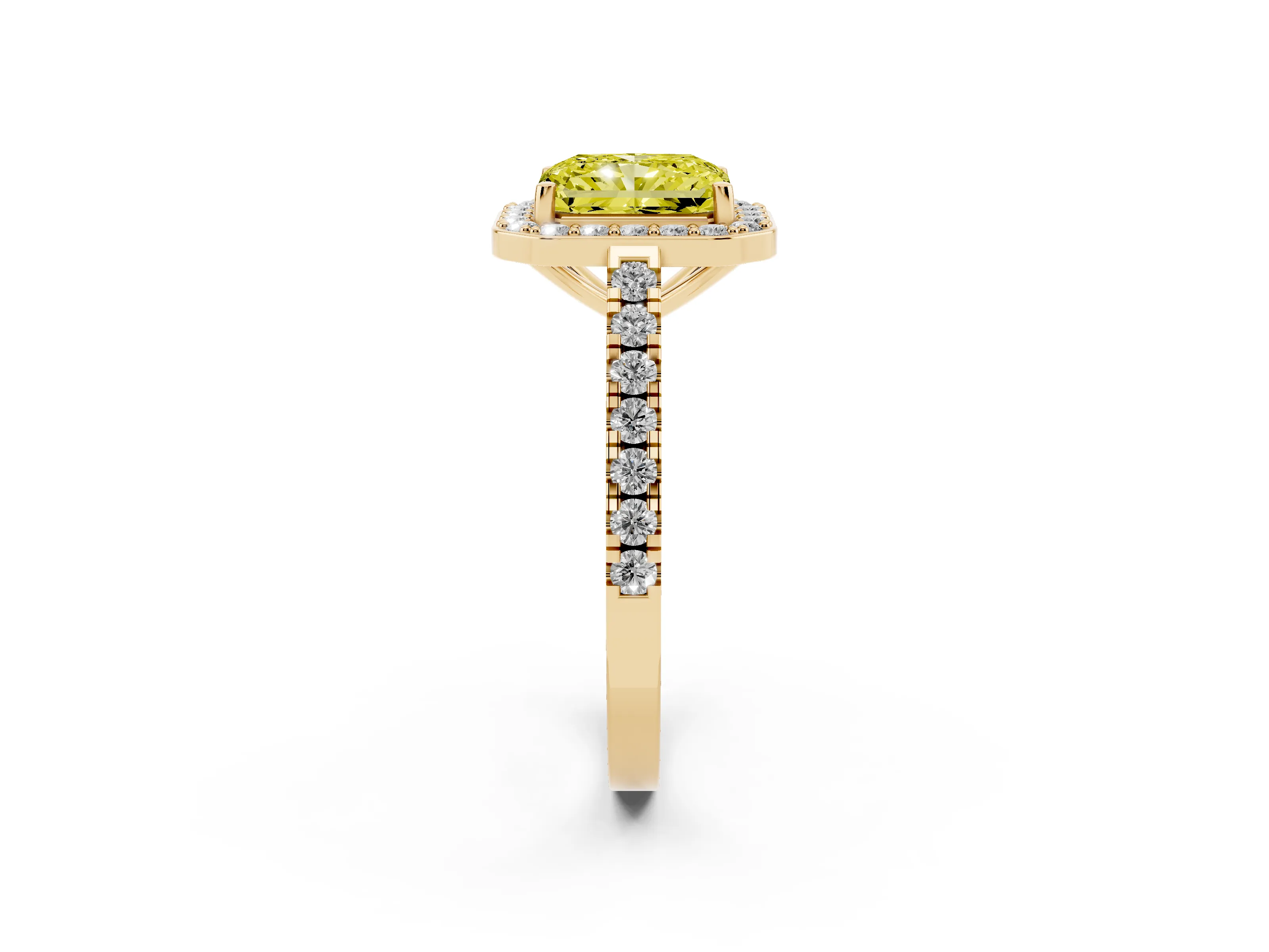 Fancy Yellow Radiant Cut Diamond Halo Ring Set in Yellow gold with Round Pavé Split Shank and Prong Setting