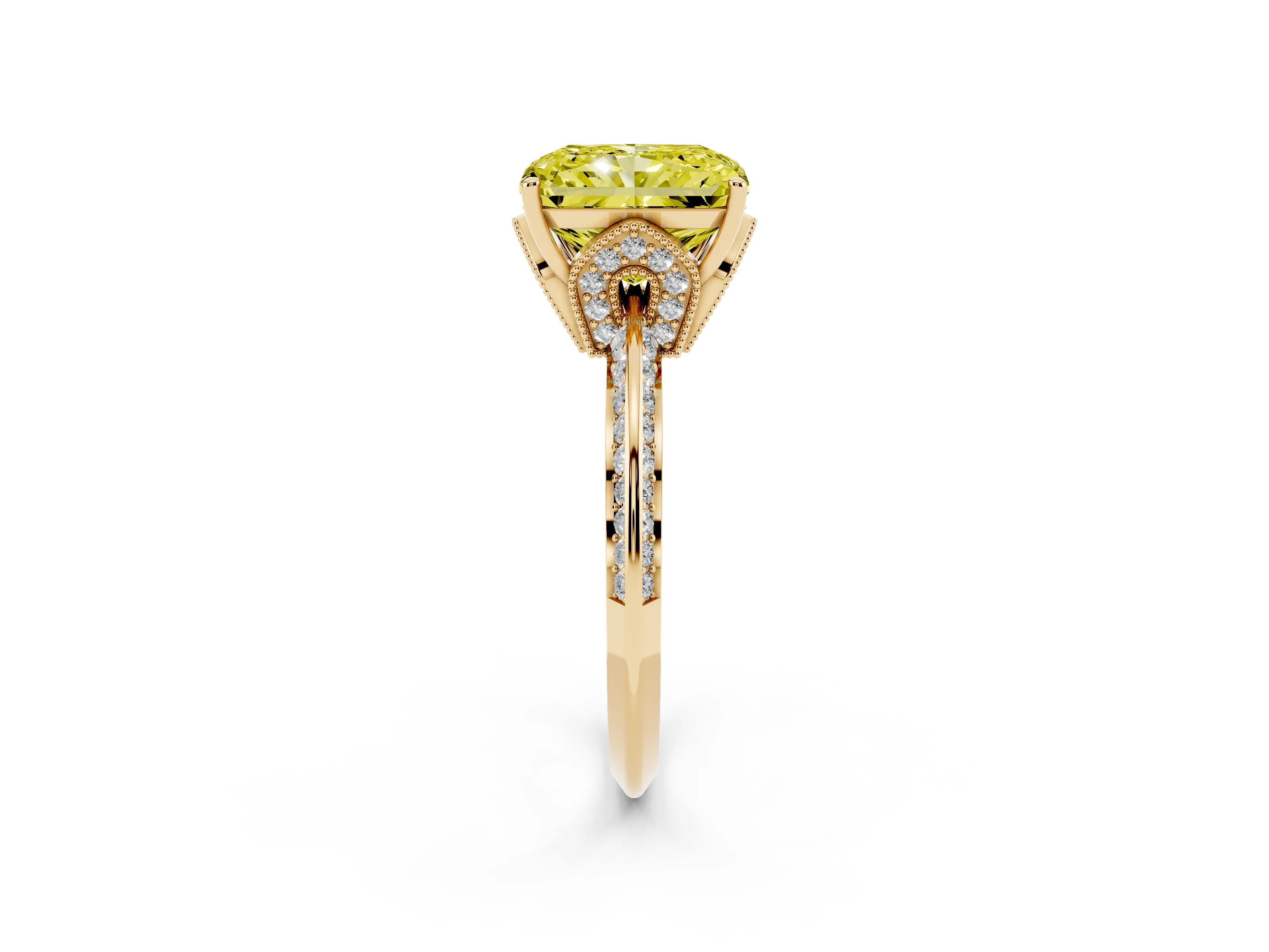 Fancy Yellow Radiant Cut Diamond Solitaire Engagement Ring Set in Yellow gold with Pavé Split Shank and Prong Setting