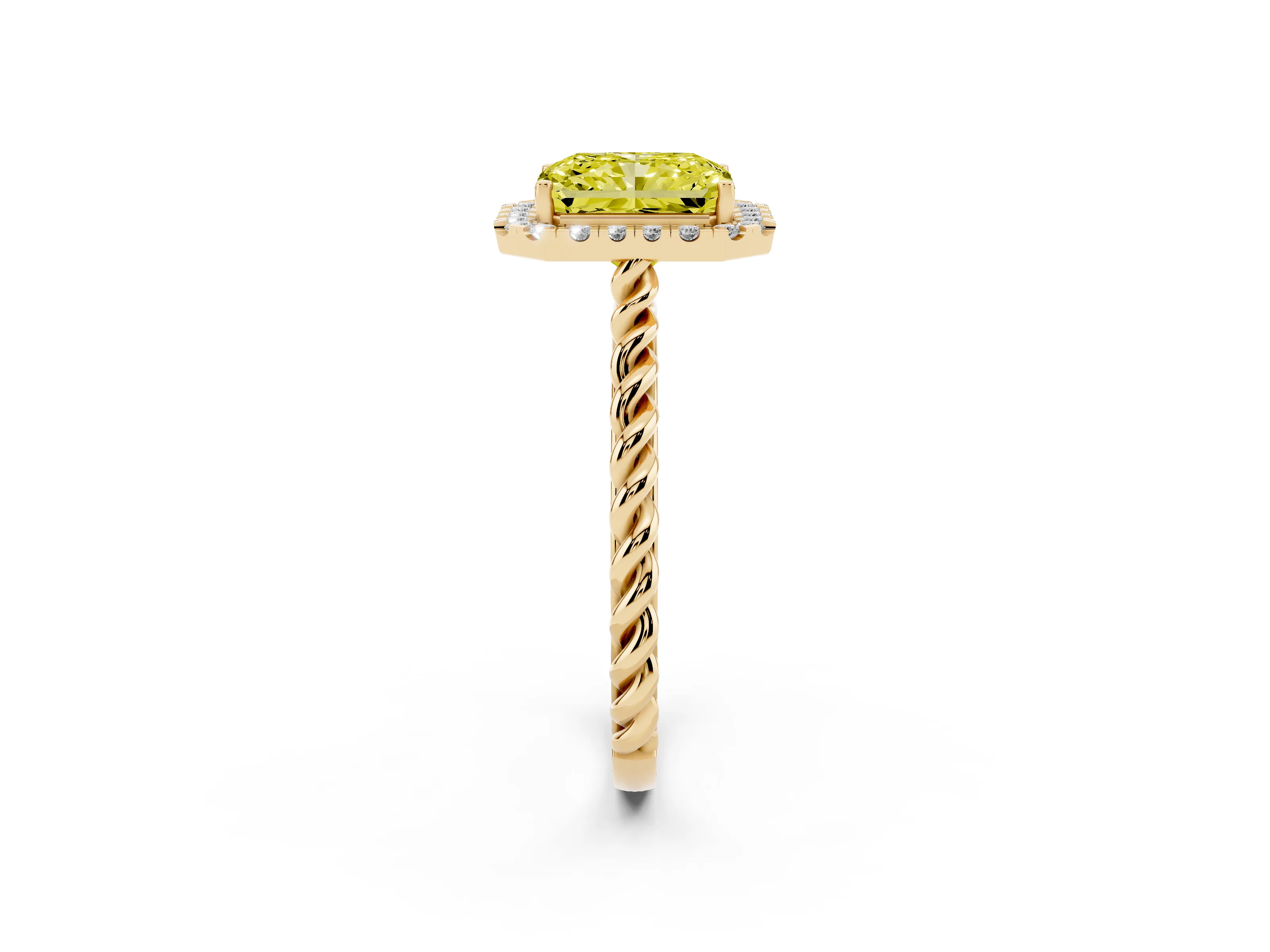 Fancy Yellow Radiant Cut Diamond Halo Ring Set in Yellow gold with Plain Twisted Band