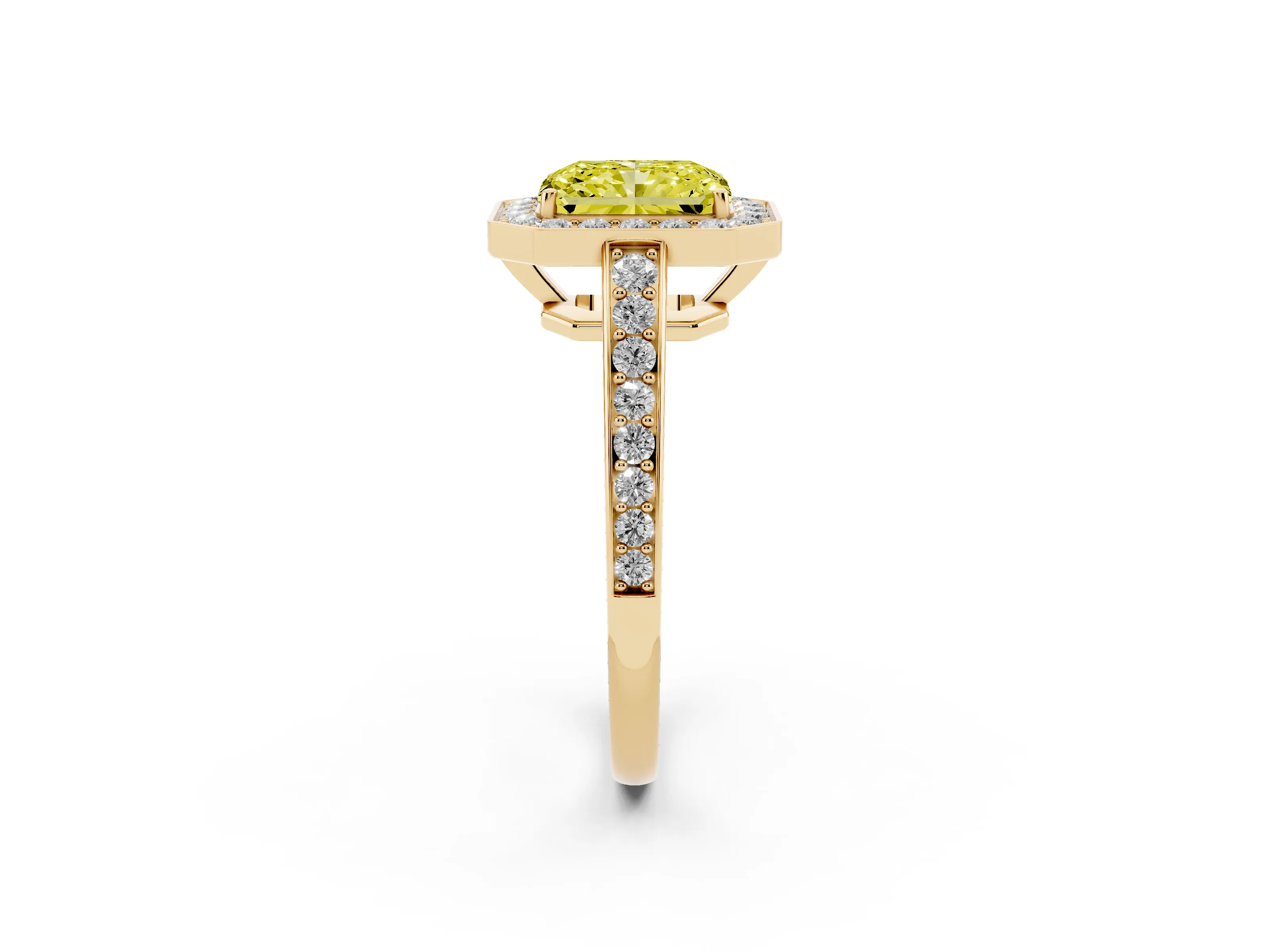 Fancy Yellow Radiant Cut Diamond Halo Pavé Engagement Ring Set in Yellow gold with Bezel Setting