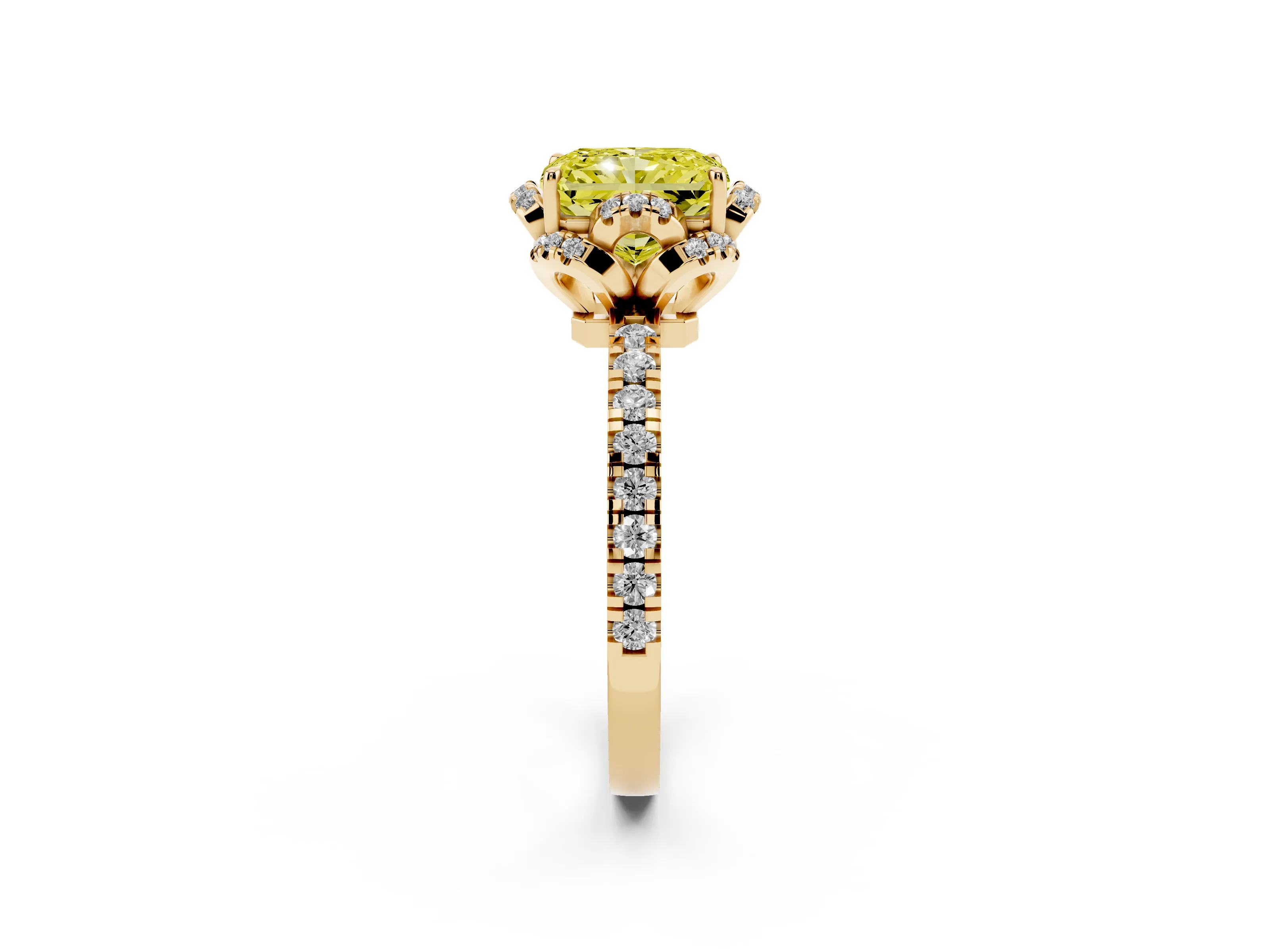 Fancy Yellow Radiant Cut Diamond Halo Pavé Band Ring Set in Yellow gold with Prong-Held Center