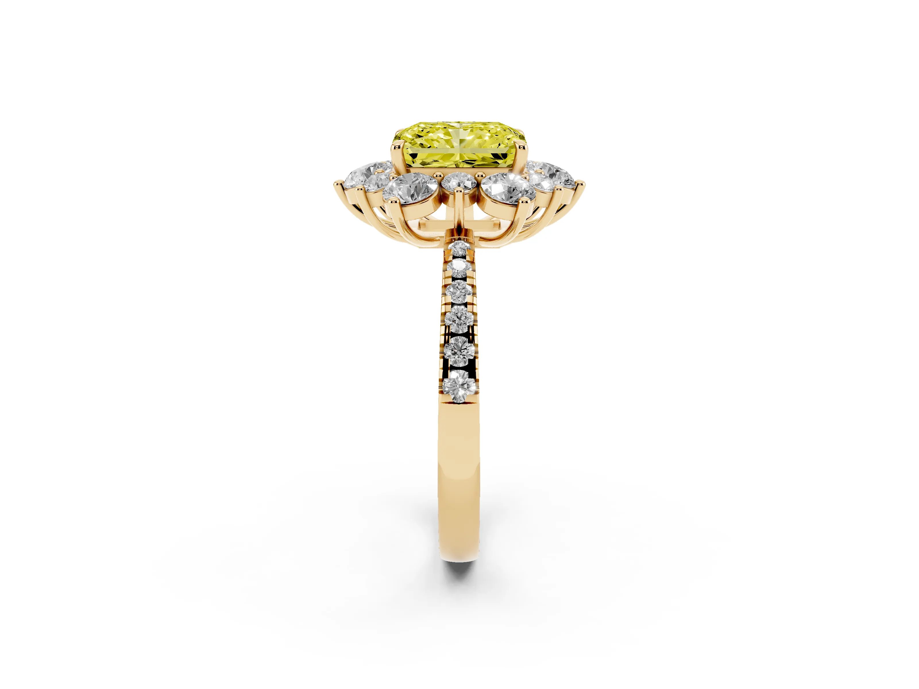 Fancy Yellow Radiant Cut Diamond Floral Halo Ring Set in Yellow gold with Round Pavé Band and Prong Setting