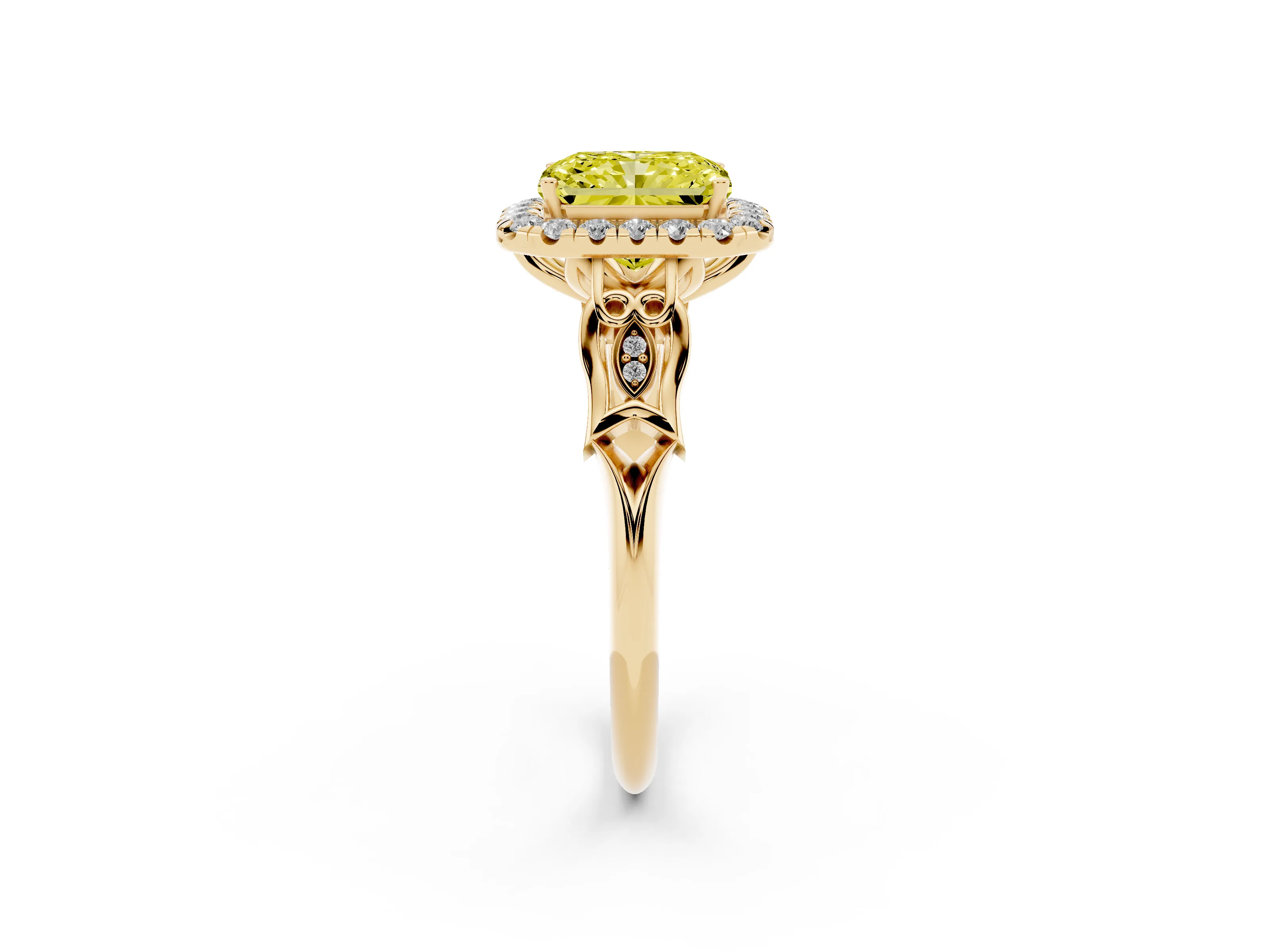Fancy Yellow Radiant Cut Diamond Halo Engagement Ring Set in Yellow gold with Filigree Band and Prong-Set Center
