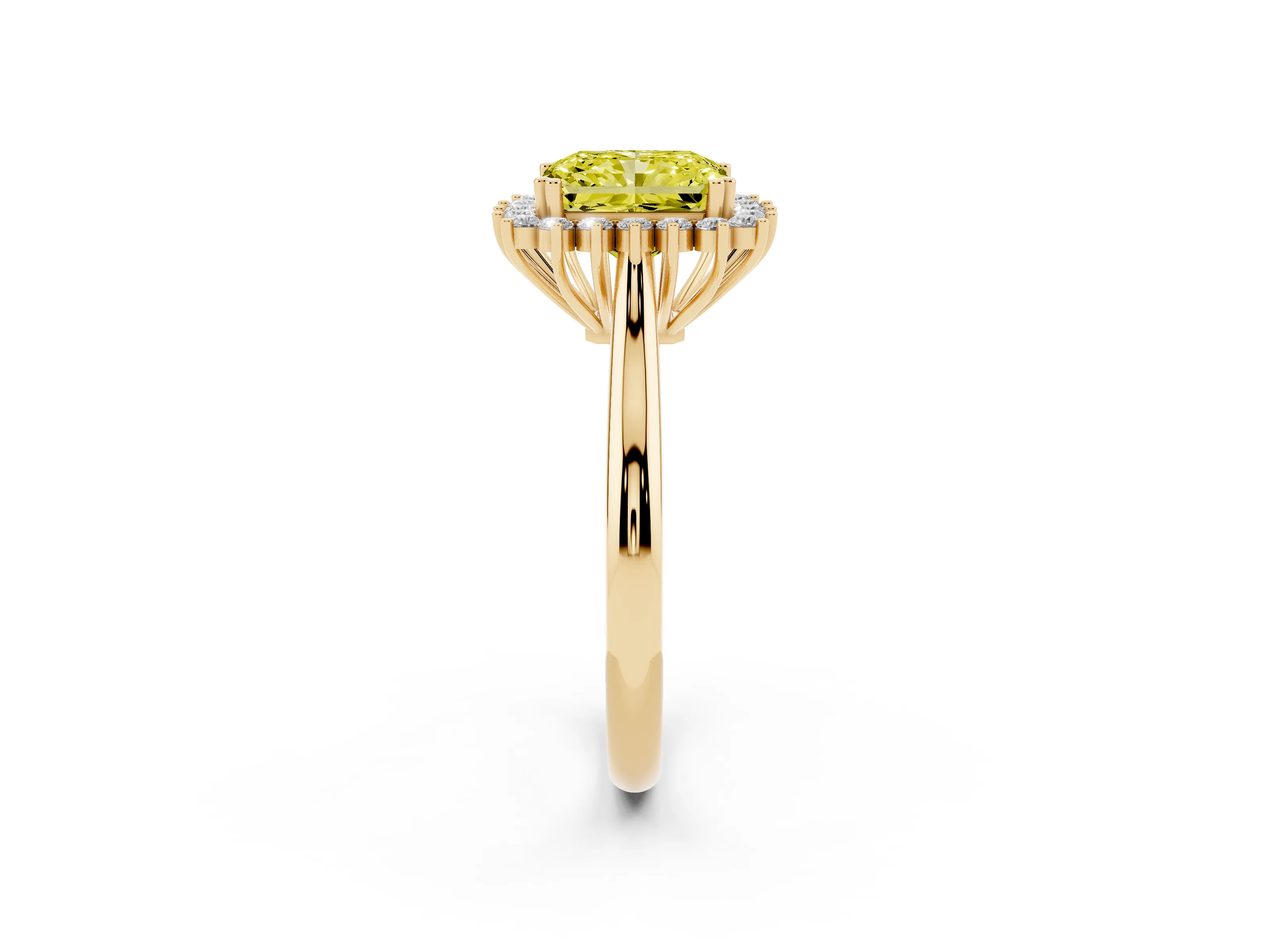 Fancy Yellow Radiant Cut Diamond Halo Ring Set in Yellow gold with Plain Solitaire Band and Prong Setting