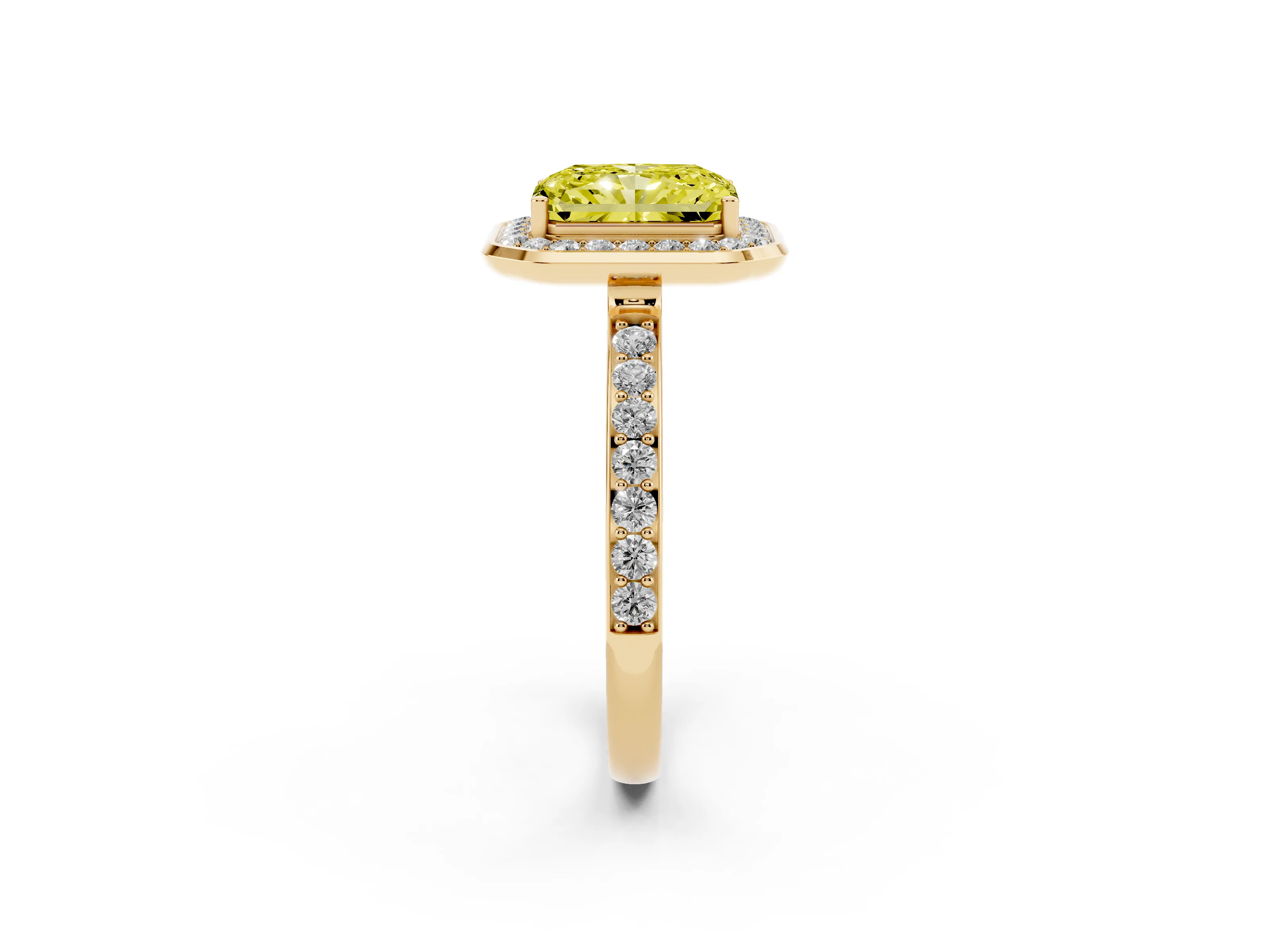 Fancy Yellow Radiant Cut Diamond Halo Ring Set in Yellow gold with Bezel Frame and Pavé Band