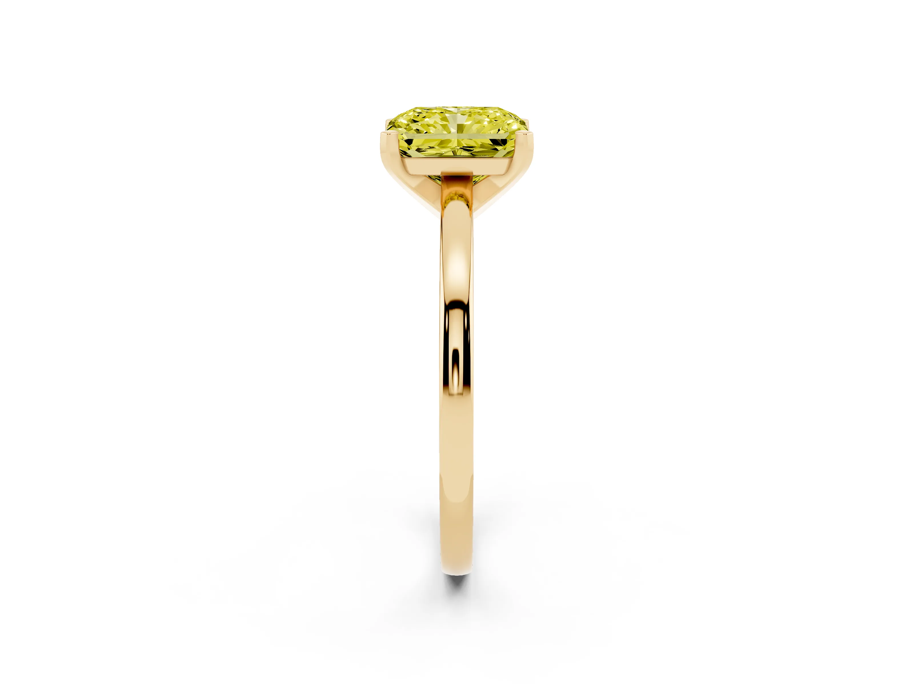 Fancy Yellow Radiant Cut Diamond Solitaire Engagement Ring Set in Yellow gold with Prong Setting on a Classic Band