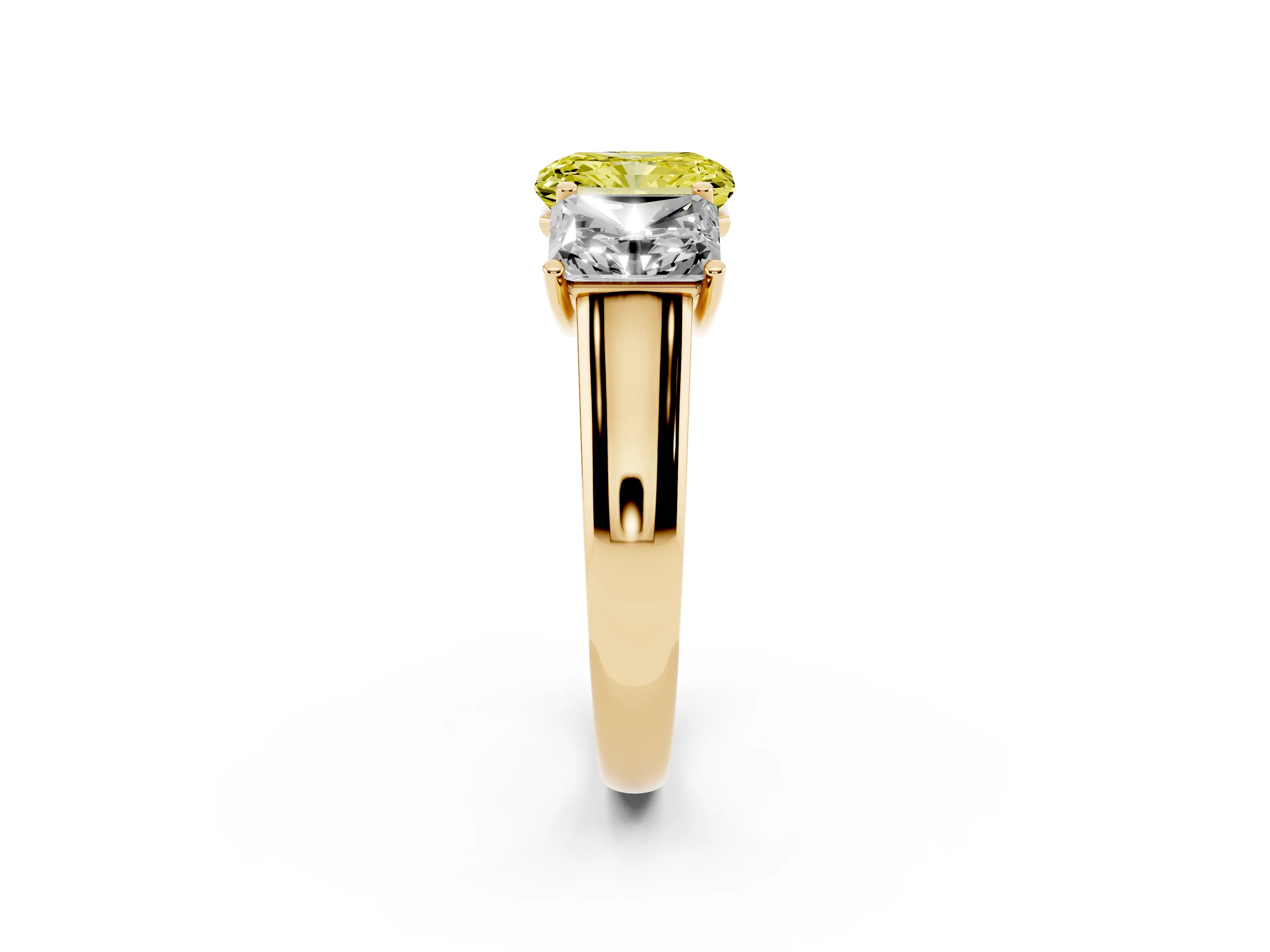 Fancy Yellow Radiant Cut Diamond Three-Stone Ring Set in Yellow gold with Plain Polished Band