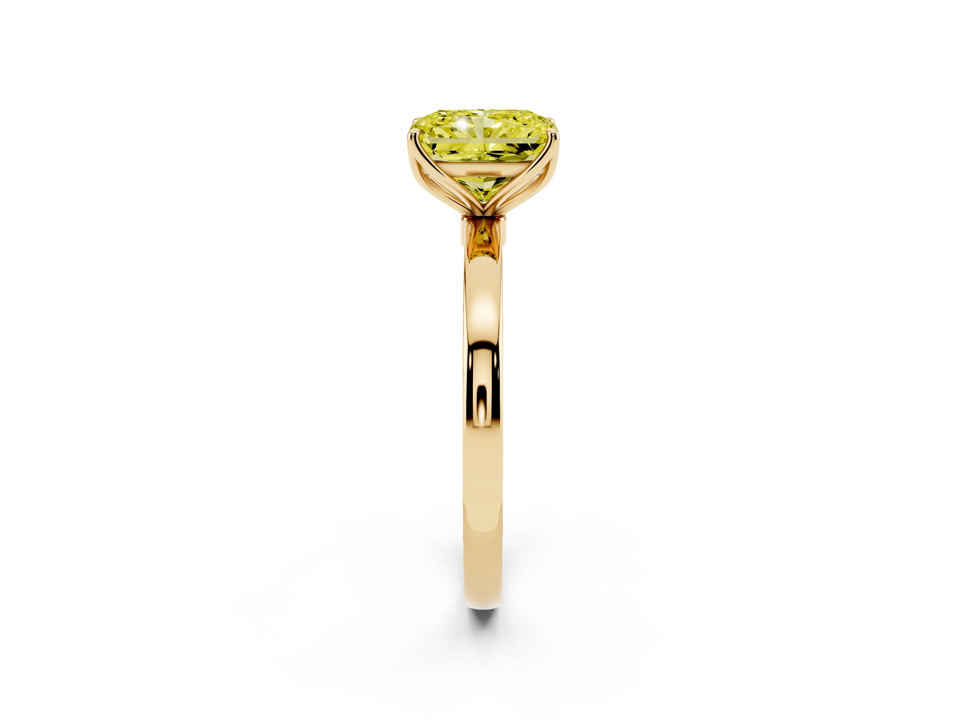 Fancy Yellow Radiant Cut Diamond Solitaire Ring Set in Yellow gold with Prong Setting and Thin Polished Band