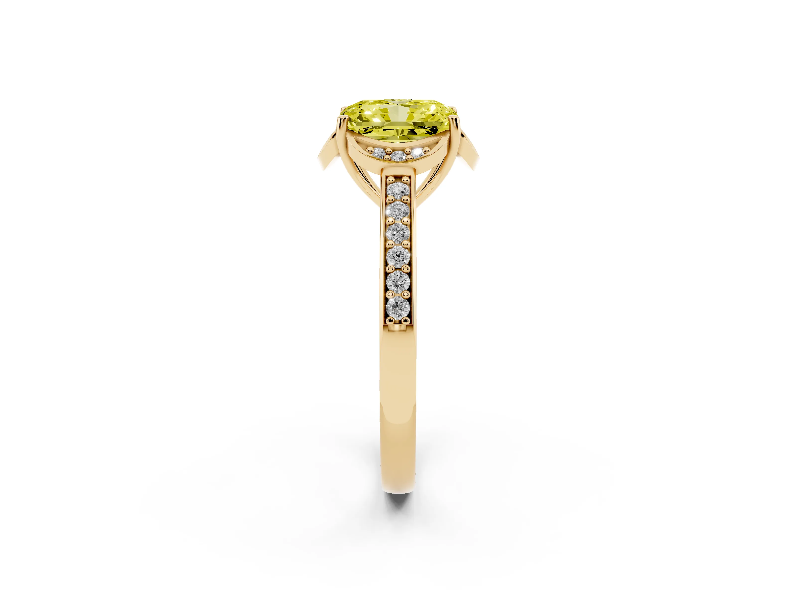 Fancy Yellow Radiant Cut Diamond Halo Ring Set in Yellow gold with Channel Set Band and Prong Setting