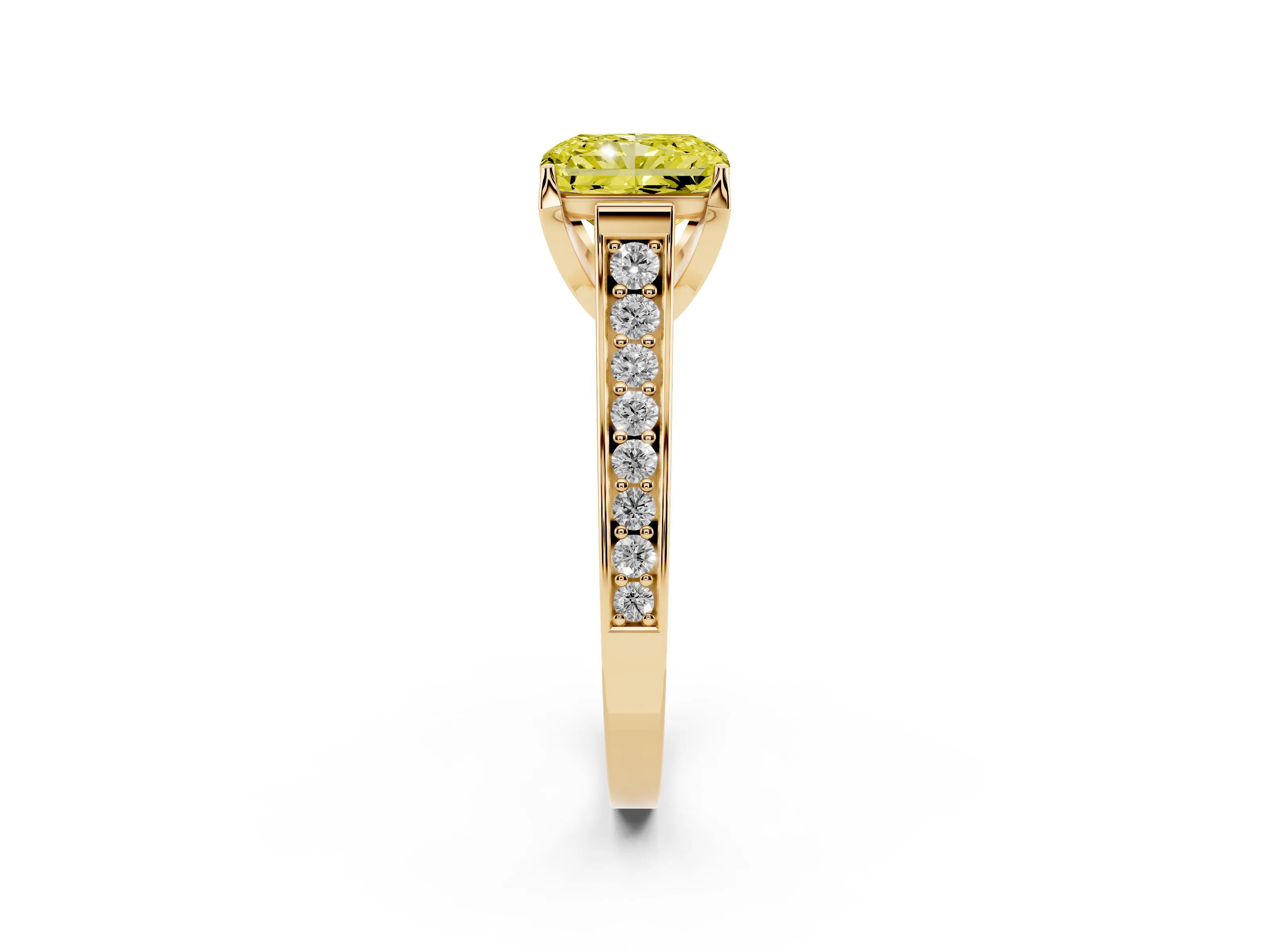 Fancy Yellow Radiant Cut Diamond Solitaire Pavé Engagement Ring Set in Yellow gold with Prong Setting