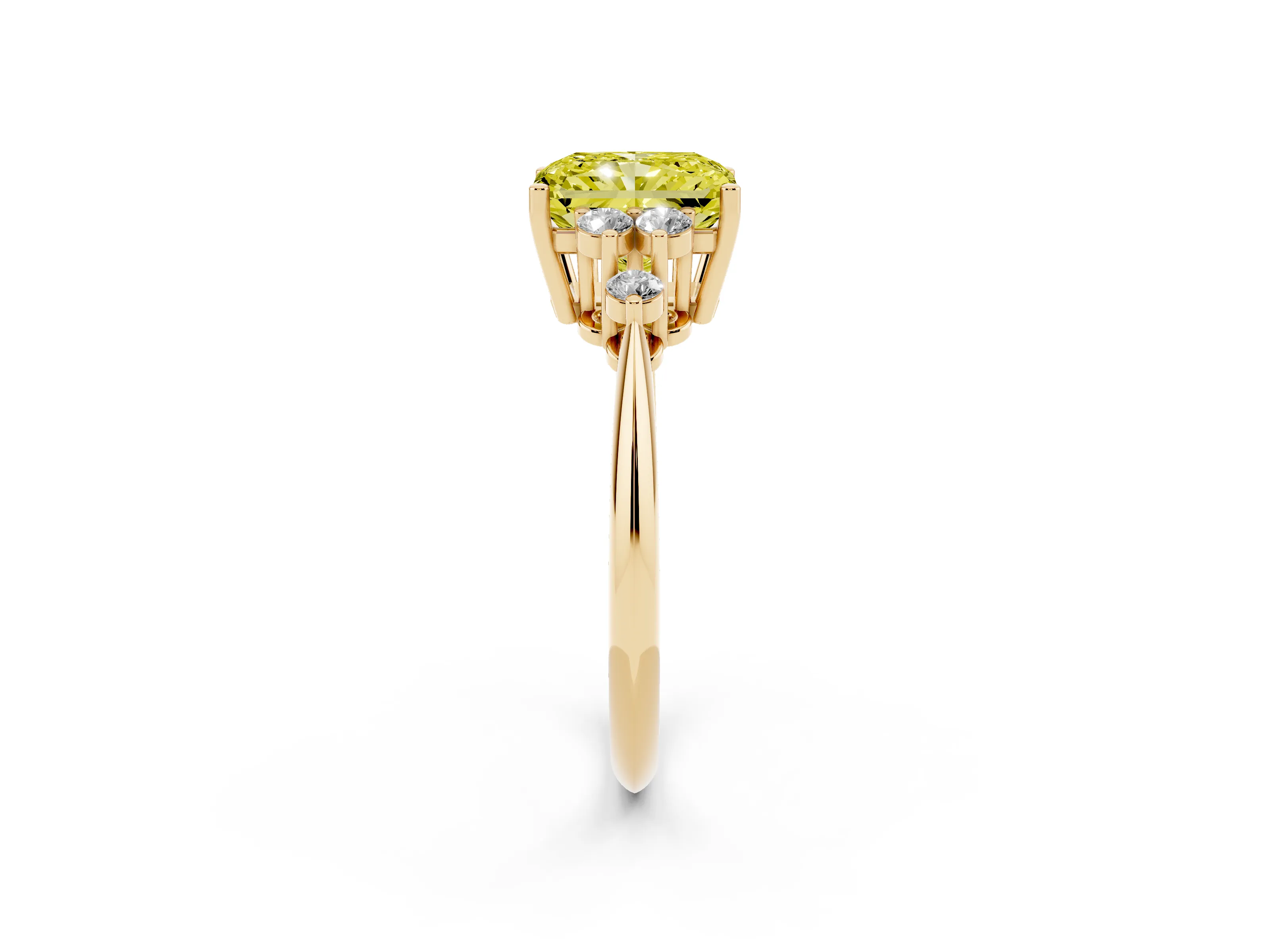 Fancy Yellow Radiant Cut Diamond Cluster Ring Set in Yellow gold with Plain Band and Prong Setting
