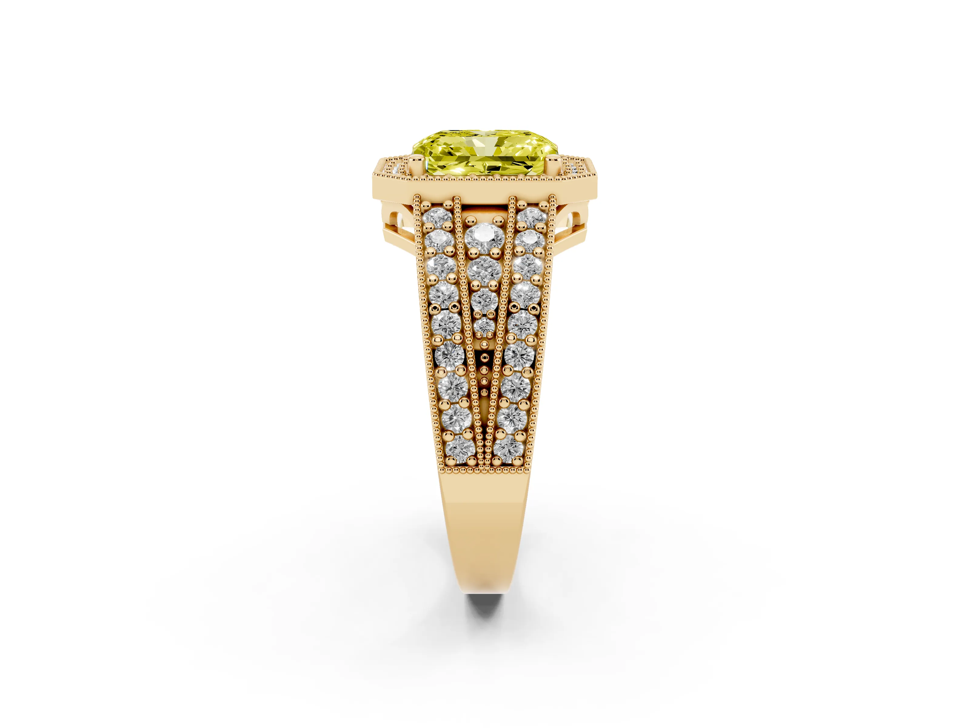 Fancy Yellow Radiant Cut Diamond Halo Ring Set in Yellow gold with Accent Split Shank and Prong Setting