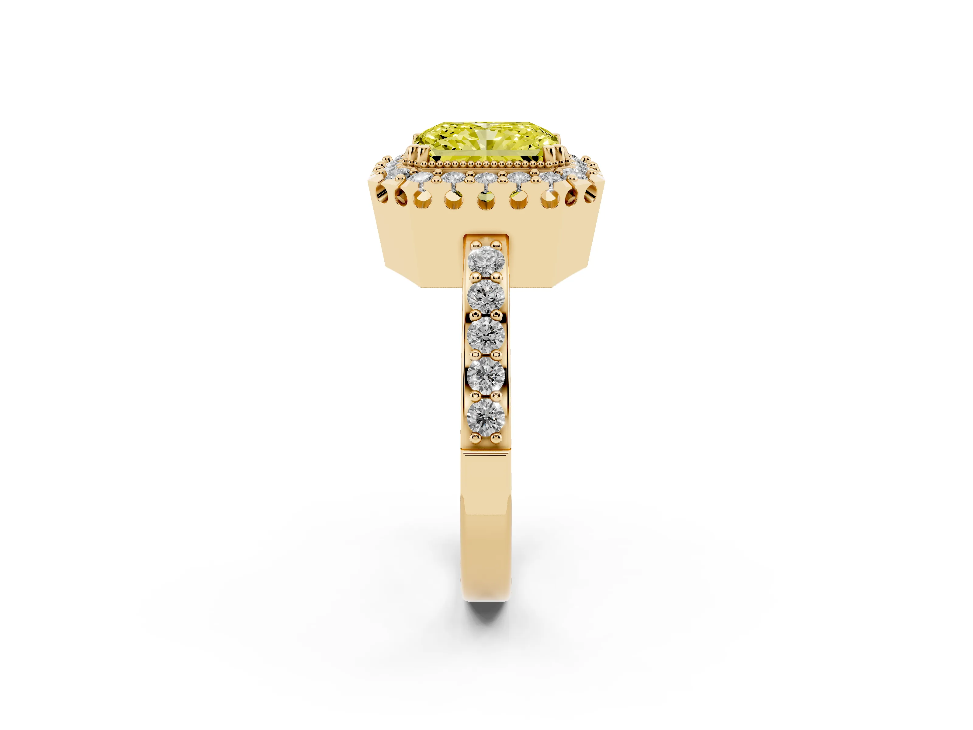 Fancy Yellow Radiant Cut Diamond Halo Ring Set in Yellow gold with Pavé Shank and Prong Setting