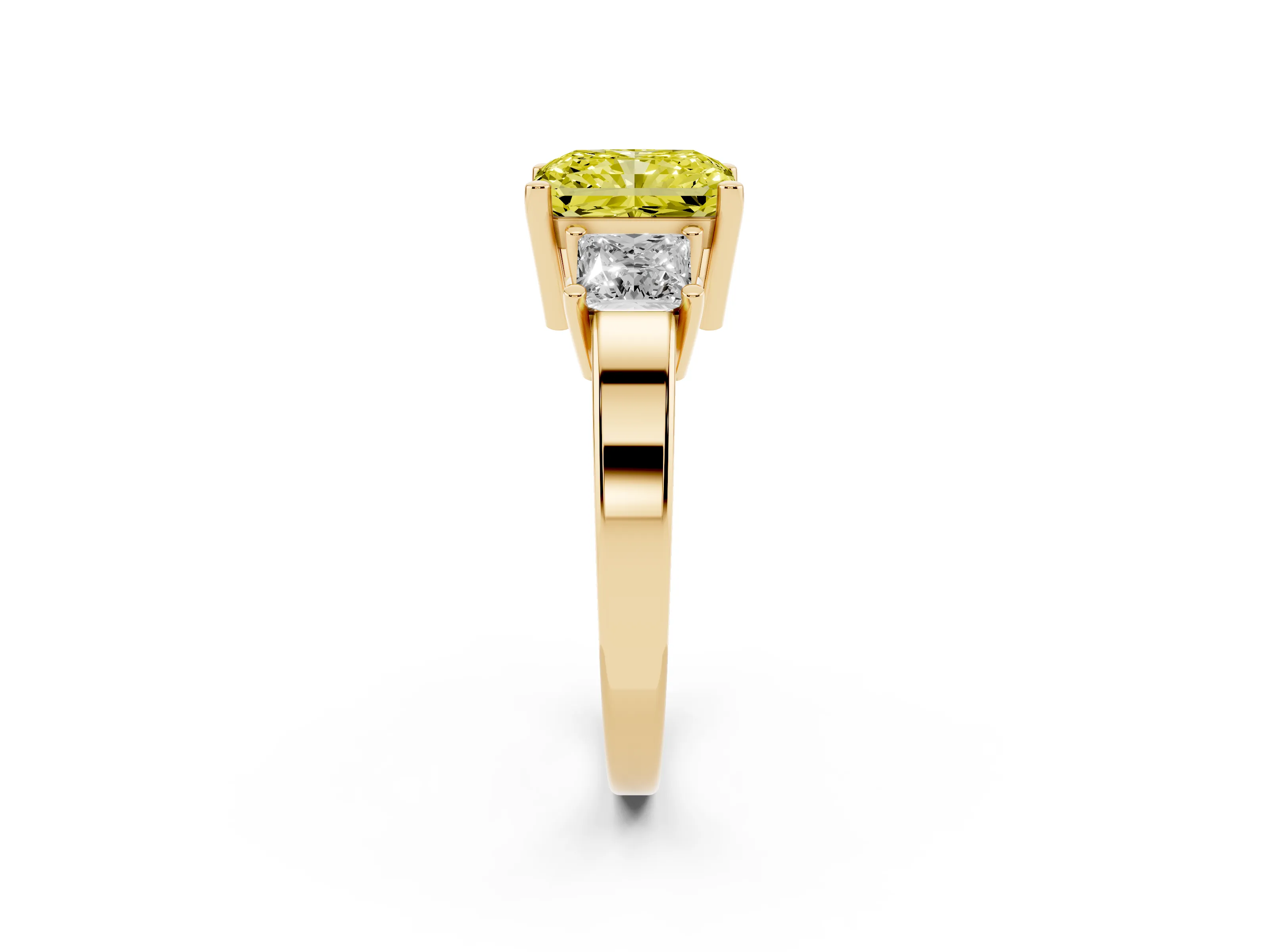 Fancy Yellow Three-Stone Radiant Cut Diamond Solitaire Ring Set in Yellow gold with Prong Setting